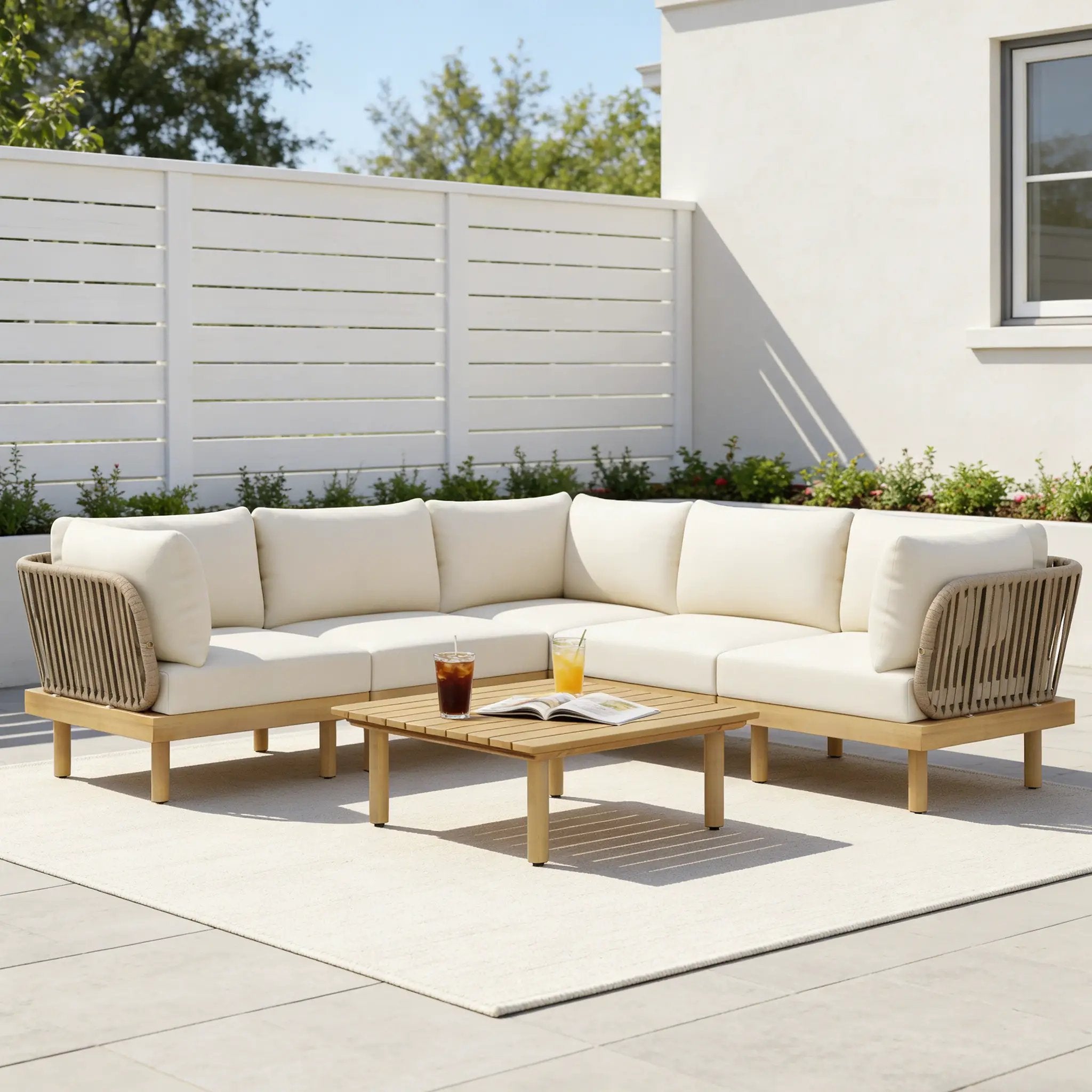 6-Piece Acacia Wood L-Shaped Modular Outdoor Sofa Set with Rope Back & Weather-Resistant Cushions by HouseOfZazla