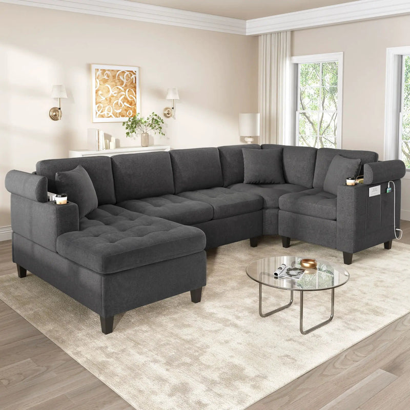 U Shaped Sectional Sofa, Corner Living Room Couch With Built In Cup Holders, Storage, USB Ports by Unique Piece Furniture