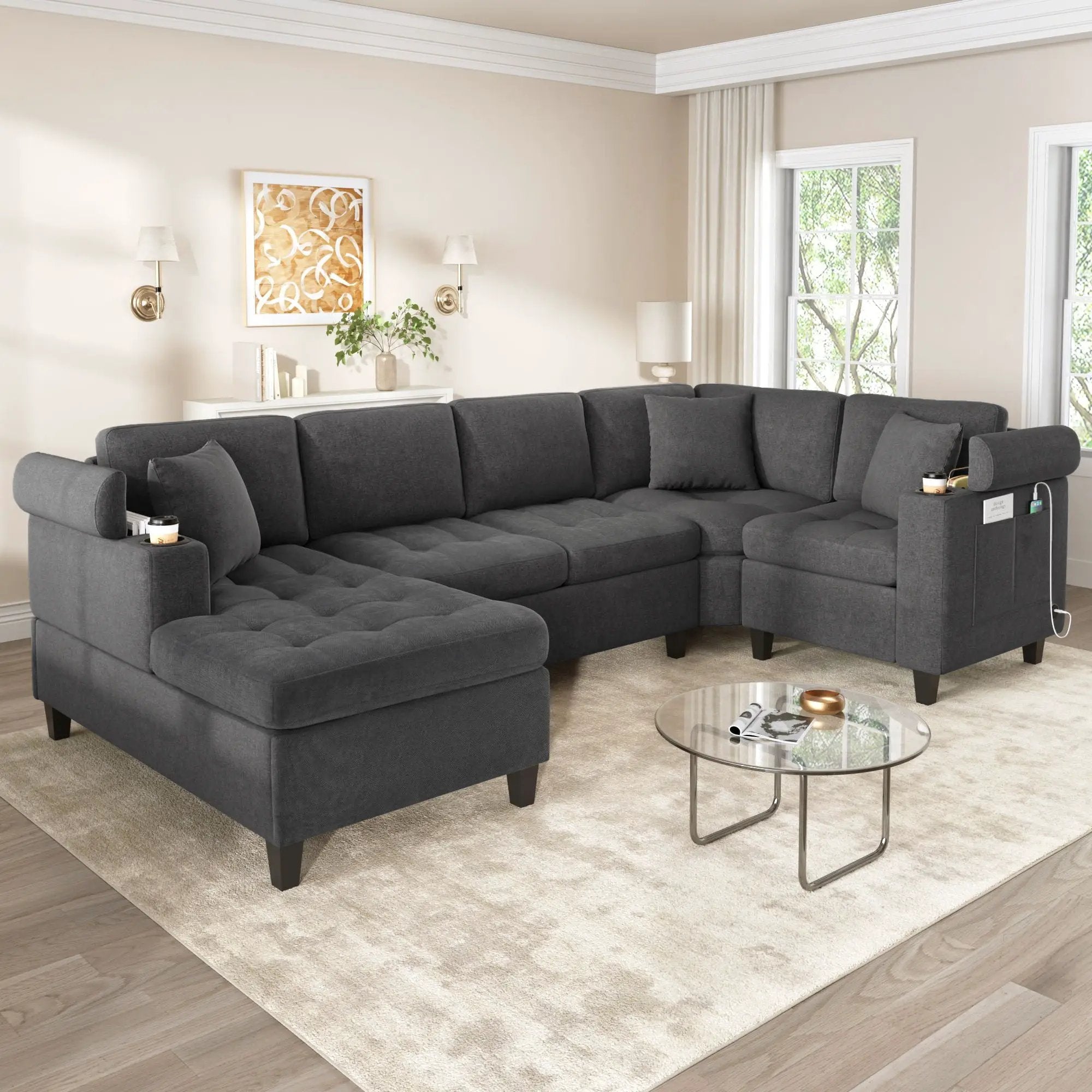 U Shaped Sectional Sofa, Corner Living Room Couch With Built In Cup Holders, Storage, USB Ports by HouseOfZazla