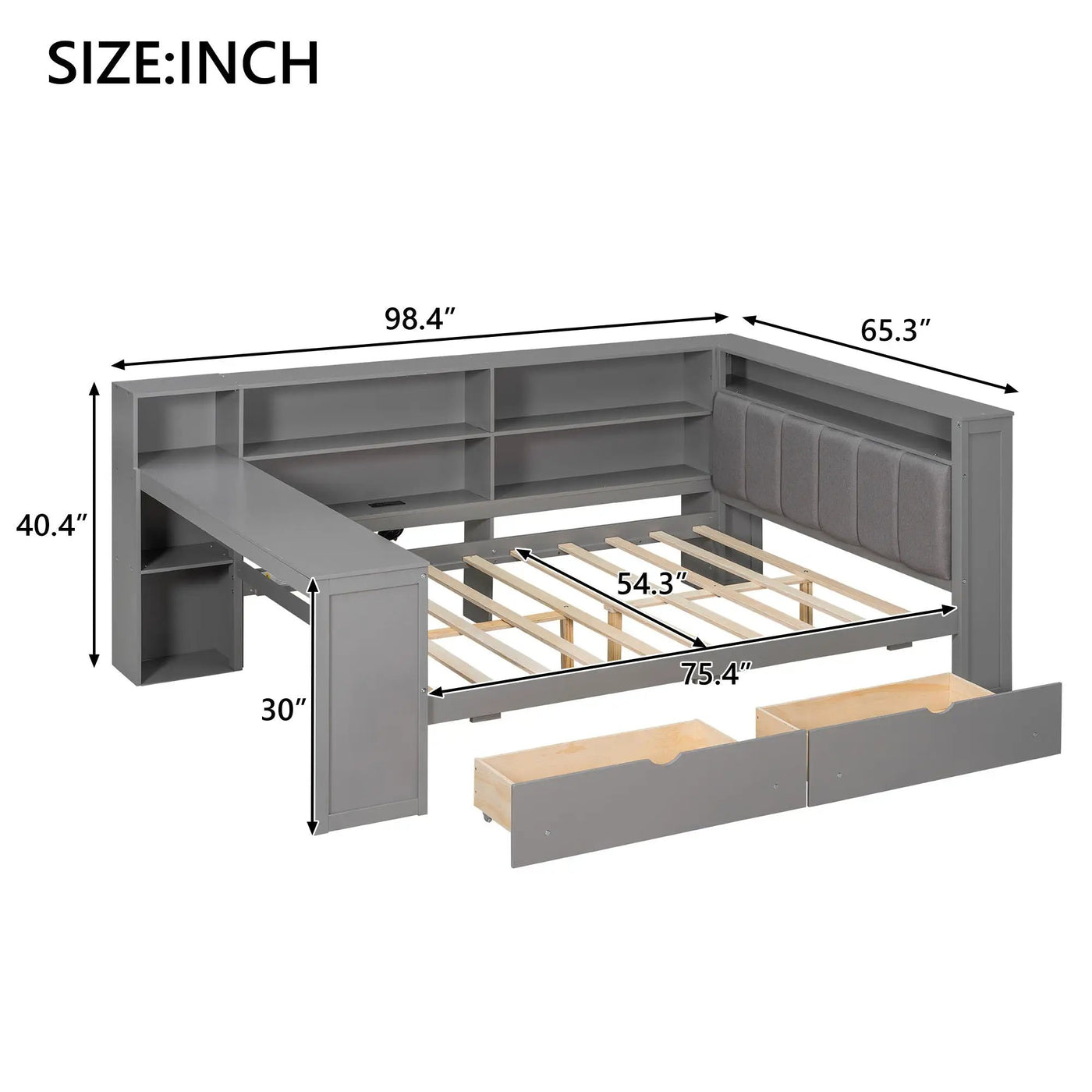 Platform Bed With Storage Shelves, Drawers, Charging Station, LED, Desk by HouseOfZazla