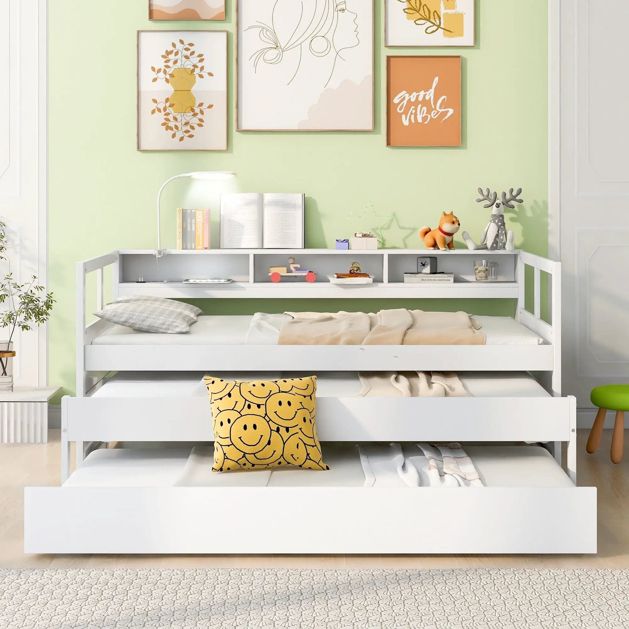 Daybed With 2 Trundles, 3 Storage Cubbies, Built In USB Charging Light by HouseOfZazla