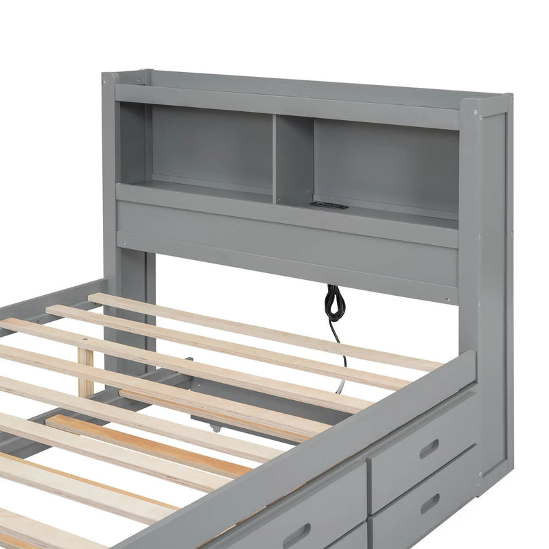 Full Size Platform Bed With Trundle, Drawers, USB Ports And Built In Shelves - Gray by HouseOfZazla