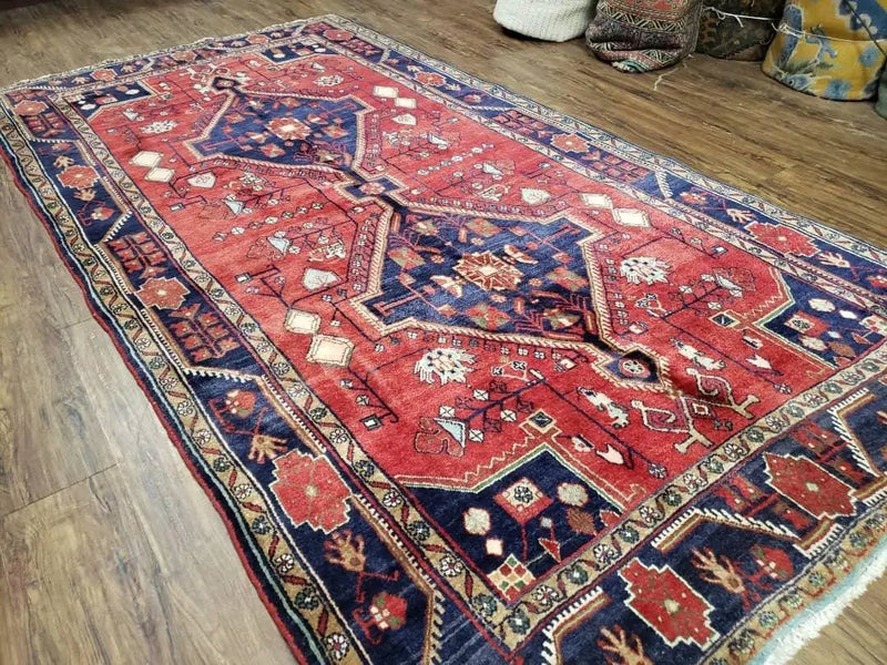 Antique Persian Zanjan Nahavand Heriz Rug, Red & Blue, Hand-Knotted, 5' x 9' 7" by Jewel Rugs