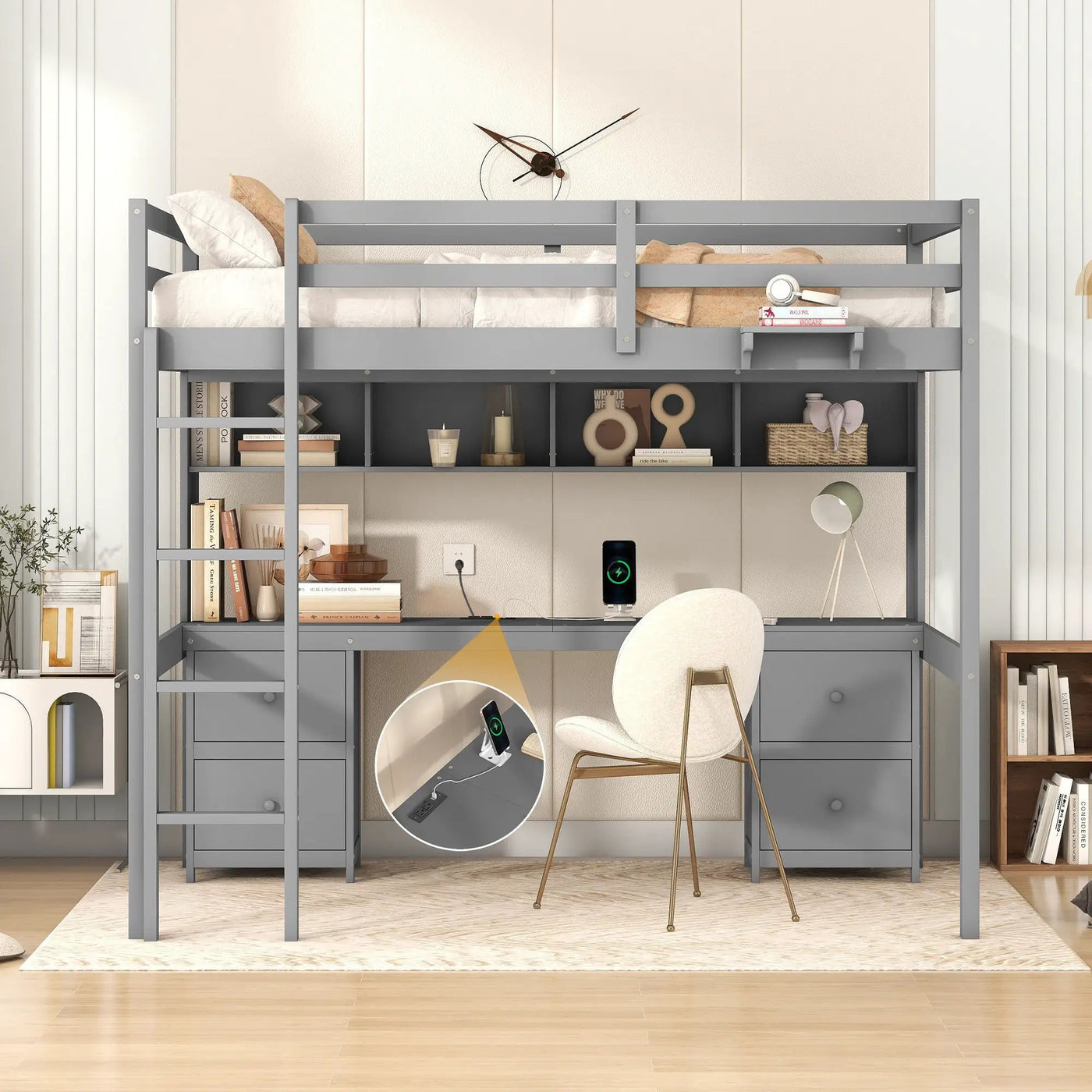 Loft Bed With Desk, Cabinets, Drawers, Charging Station And Bedside Tray by Unique Piece Furniture