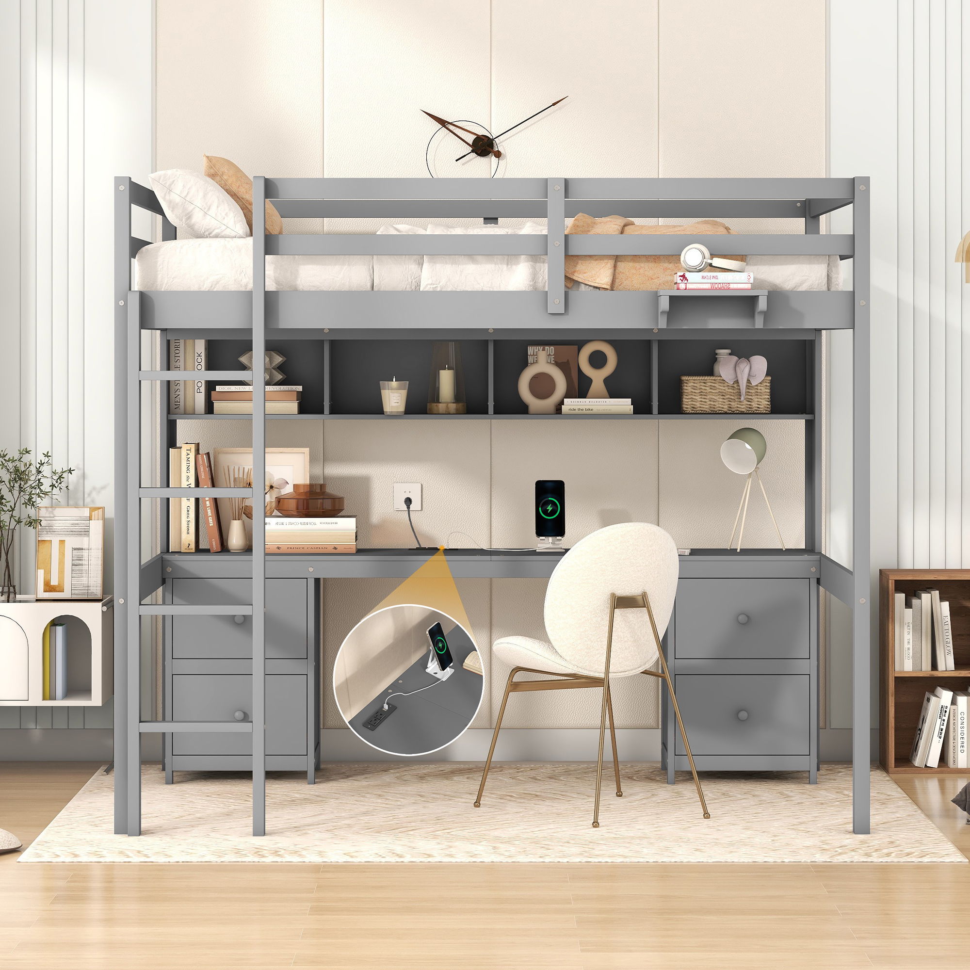 Loft Bed With Desk, Cabinets, Drawers, Charging Station And Bedside Tray