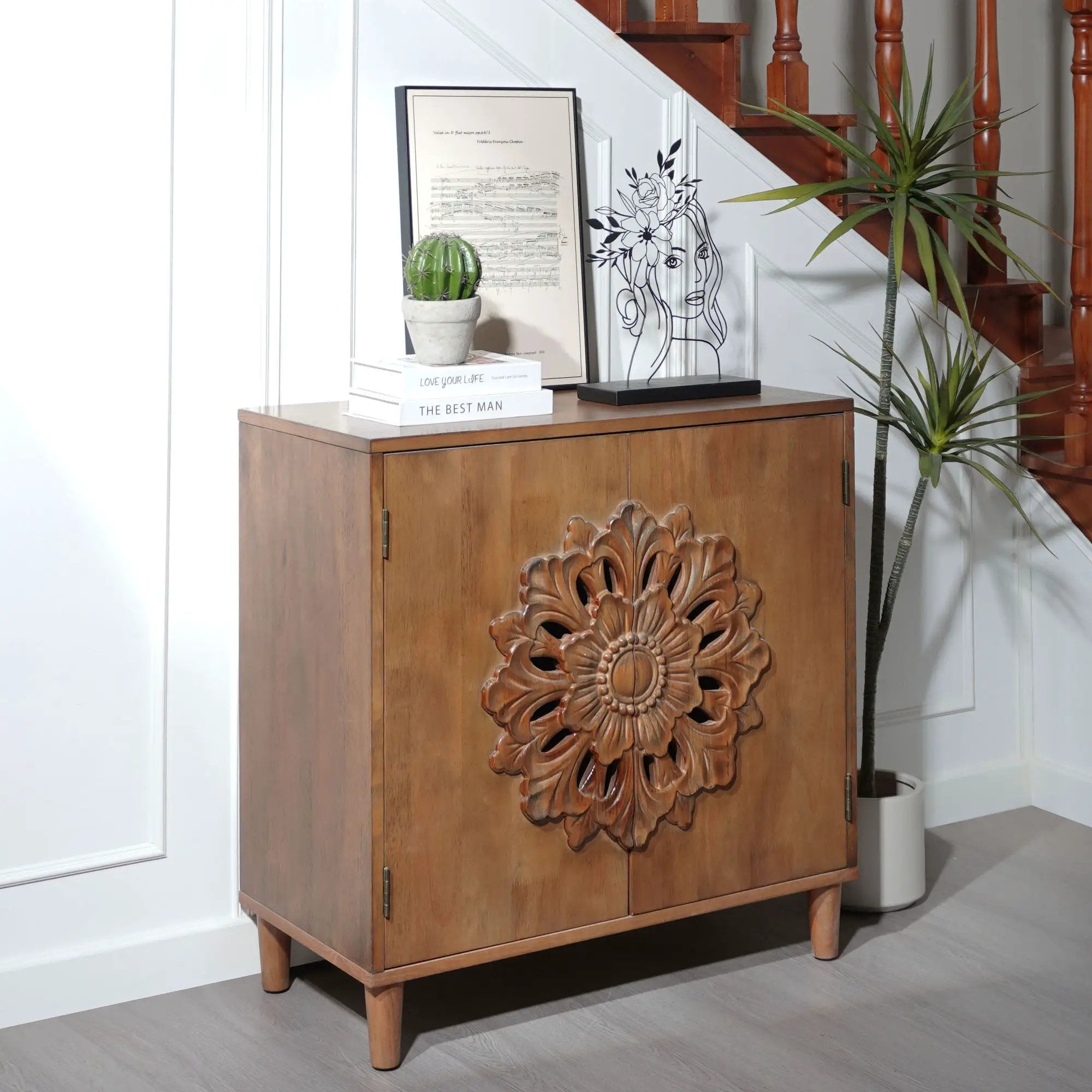 2 Door Accent Storage Cabinet With Floral Design, Sideboard For Living Room - Dark Brown by Unique Piece Furniture