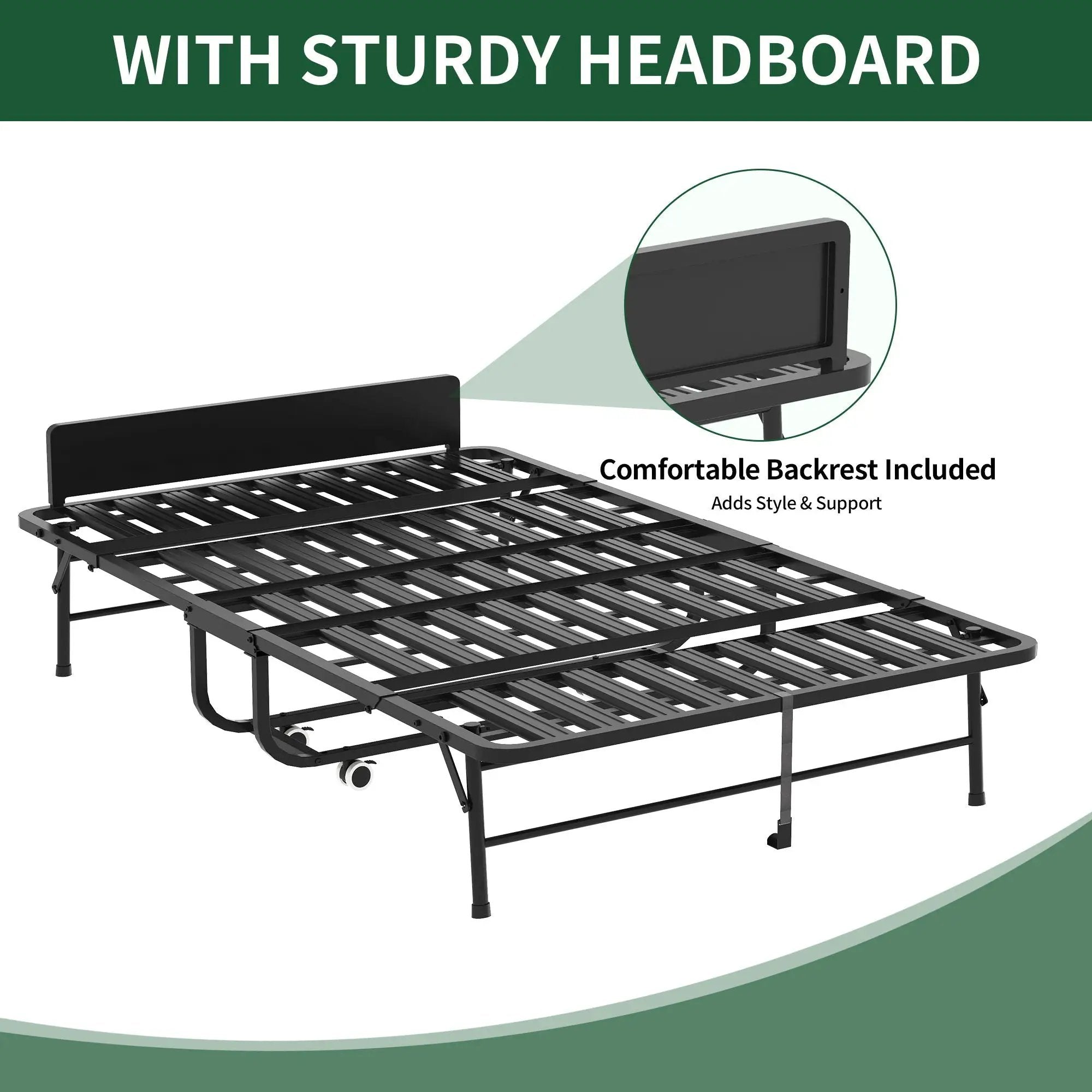 Twin Wide Folding Bed With Adjustable Headboard, Extra Long Rollaway For Tall People, Memory Foam Mattress - Black by Unique Piece Furniture