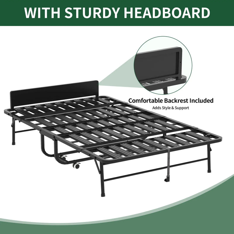 Twin Wide Folding Bed With Adjustable Headboard, Extra Long Rollaway For Tall People, Memory Foam Mattress - Black by Unique Piece Furniture