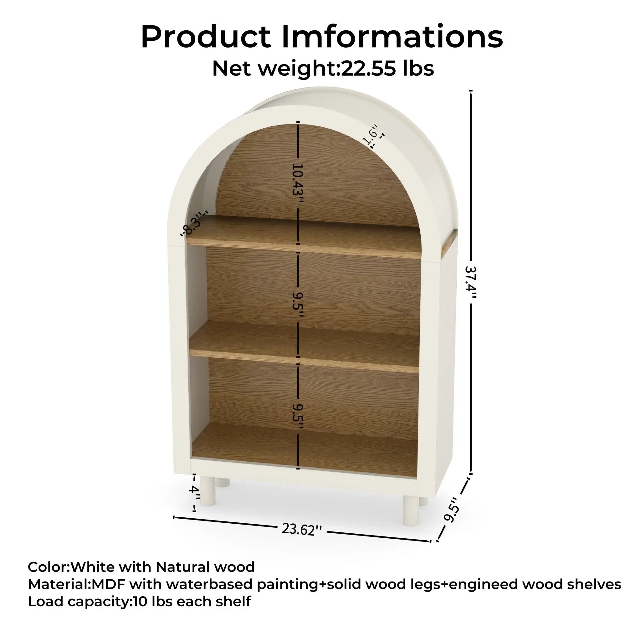 Arched Small Bookcase, Storage Cabinet, Bookshelf With 3 Shelves For Living Room - Oak / White by HouseOfZazla