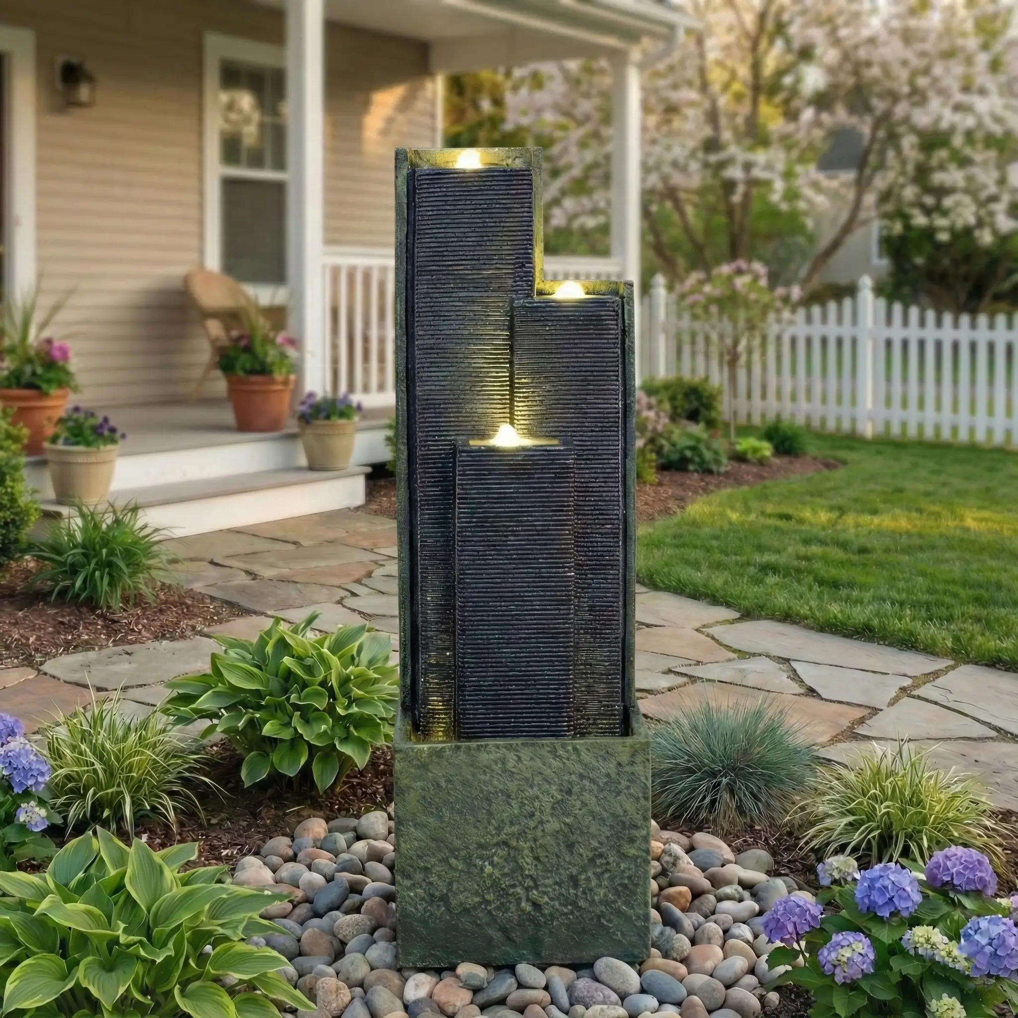 39" H Outdoor Water Fountain Modern Cascading Freestanding Fountain with LED Lights for Garden Patio Porch Lawn by HouseOfZazla