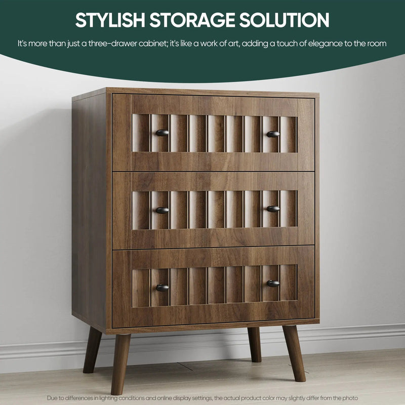 3 Drawer Dresser, Storage Cabinet With Vertical Grooves For Bedroom - Walnut by HouseOfZazla