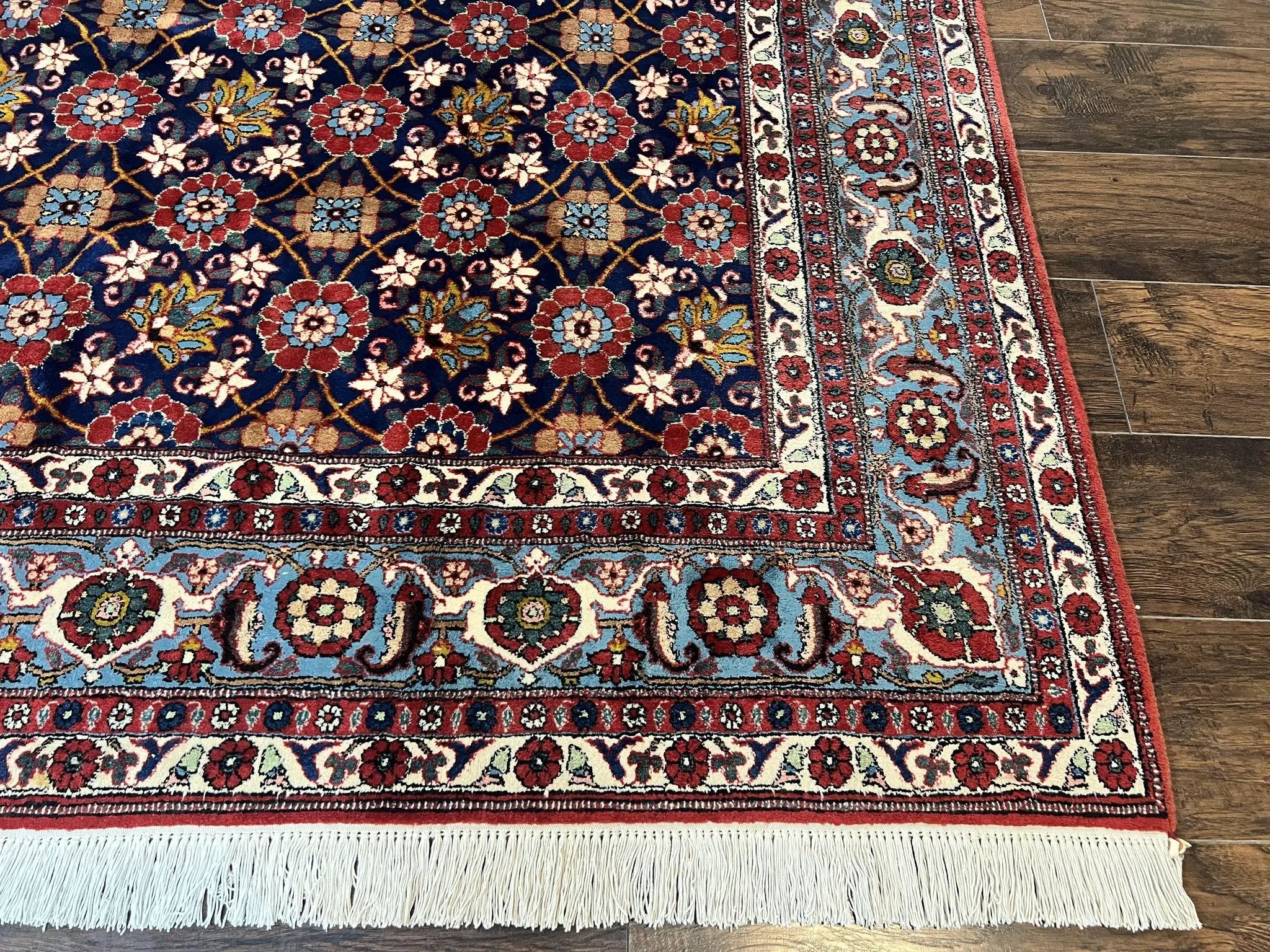Persian Veramin Rug 7x11, Repeated Allover Pattern, Handmade Vintage Carpet, Navy Blue by Jewel Rugs