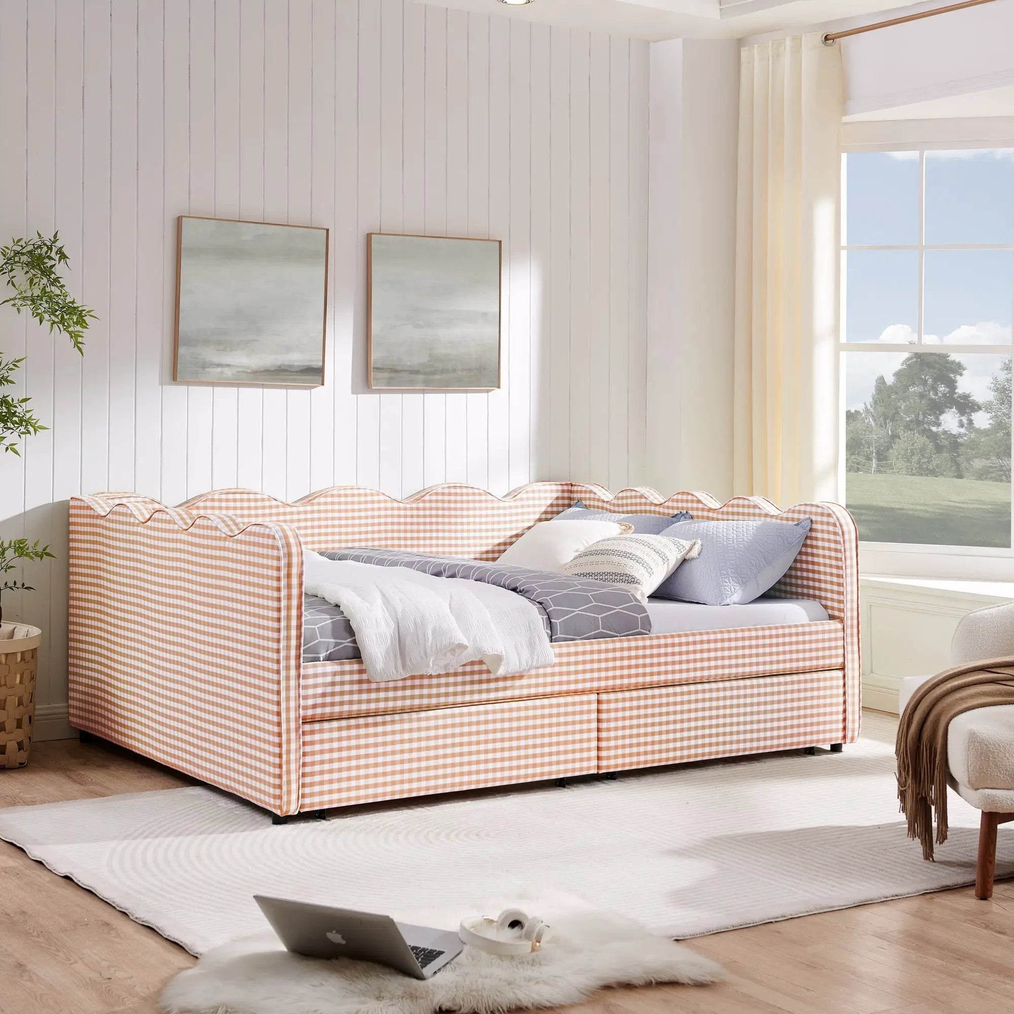 Queen Size Cozy Gingham Daybed with Two Storage Drawers and USB Port by HouseOfZazla