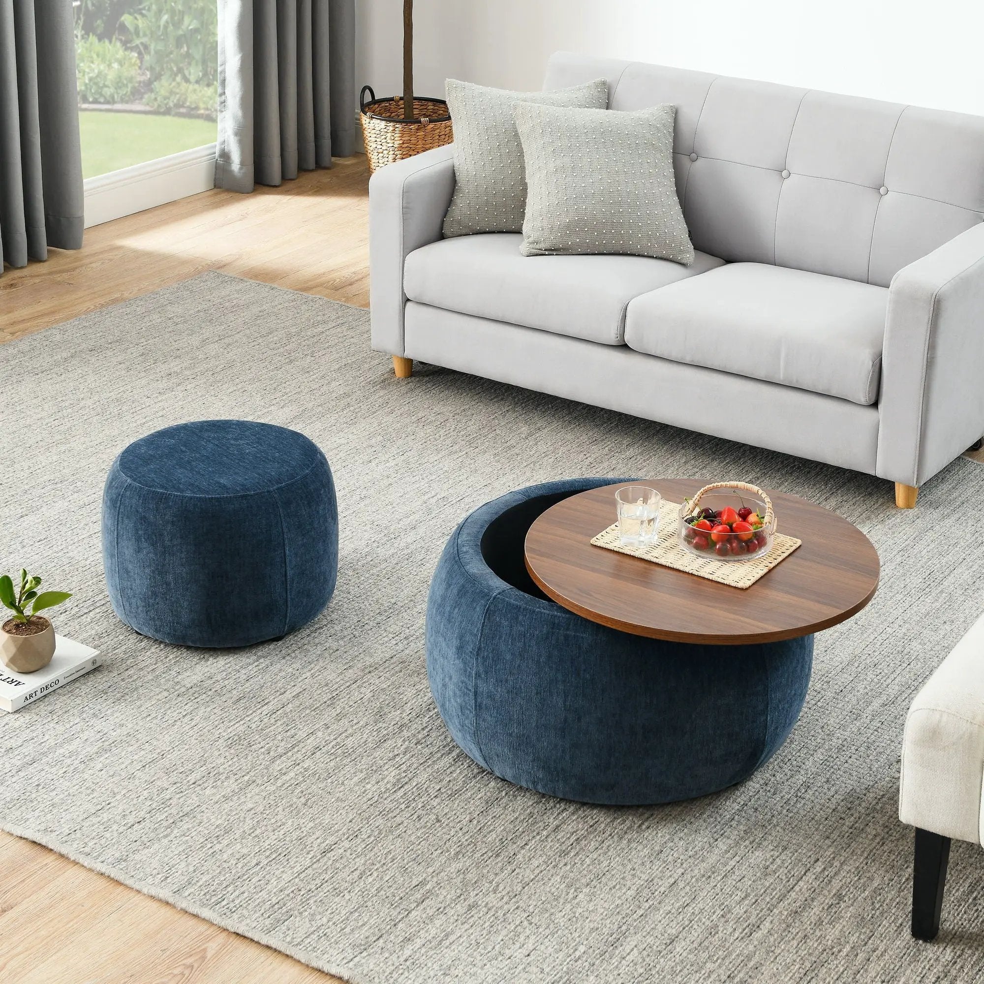 Round Storage Ottoman, 2 In 1 Function, End Table And Ottoman by Unique Piece Furniture