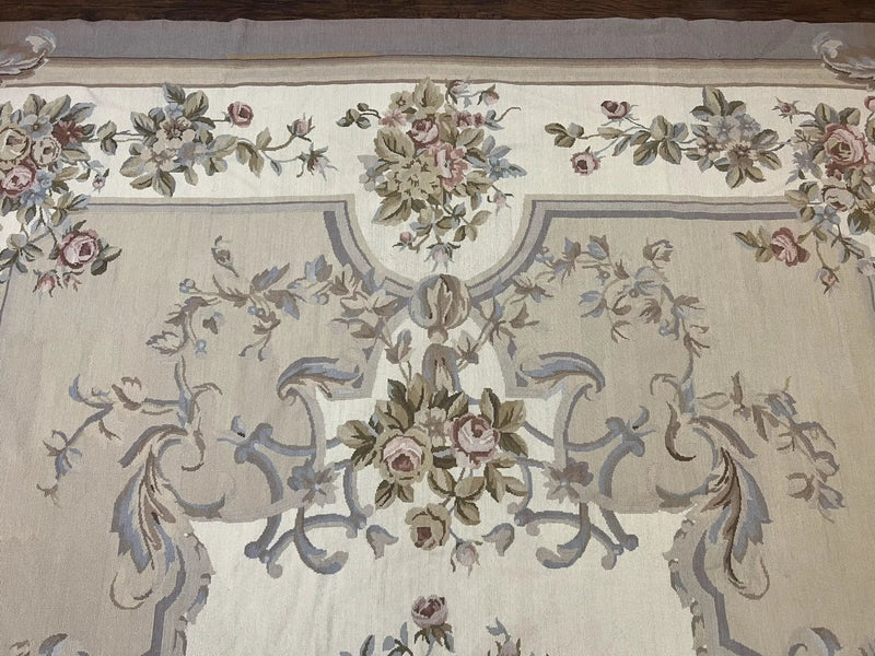 Aubusson Needlepoint Rug 9x12, VIntage Handmade Wool Beige Floral European Elegant Rug 9 x 12, Floral Roses by Jewel Rugs