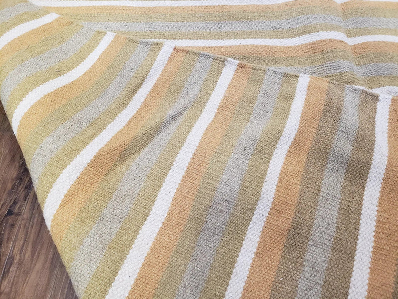 New Indian Kilim Area Rug, 6x8 - 7x8 South American Style Blanket, Striped Indian Wool Hand-Woven Flat Weave 6x9 Bedroom Rug, Ivory Ochre by Jewel Rugs