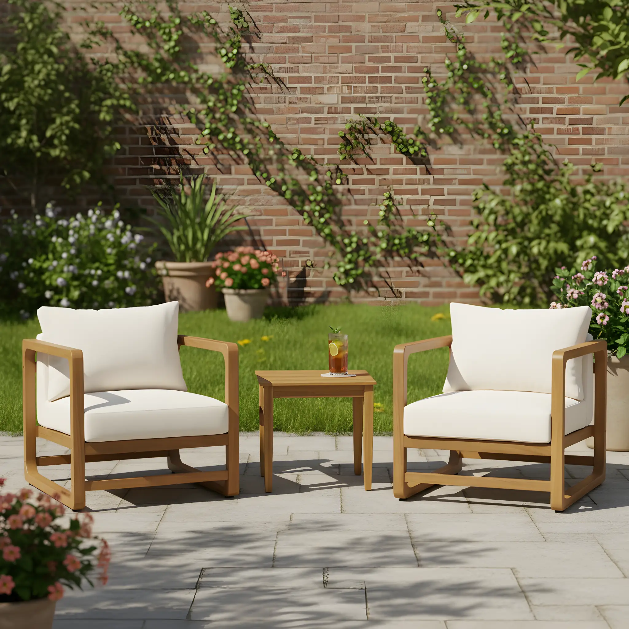 Acacia Wood Outdoor Set: 2 Club Chairs + Rustic Slat Side Table by HouseOfZazla