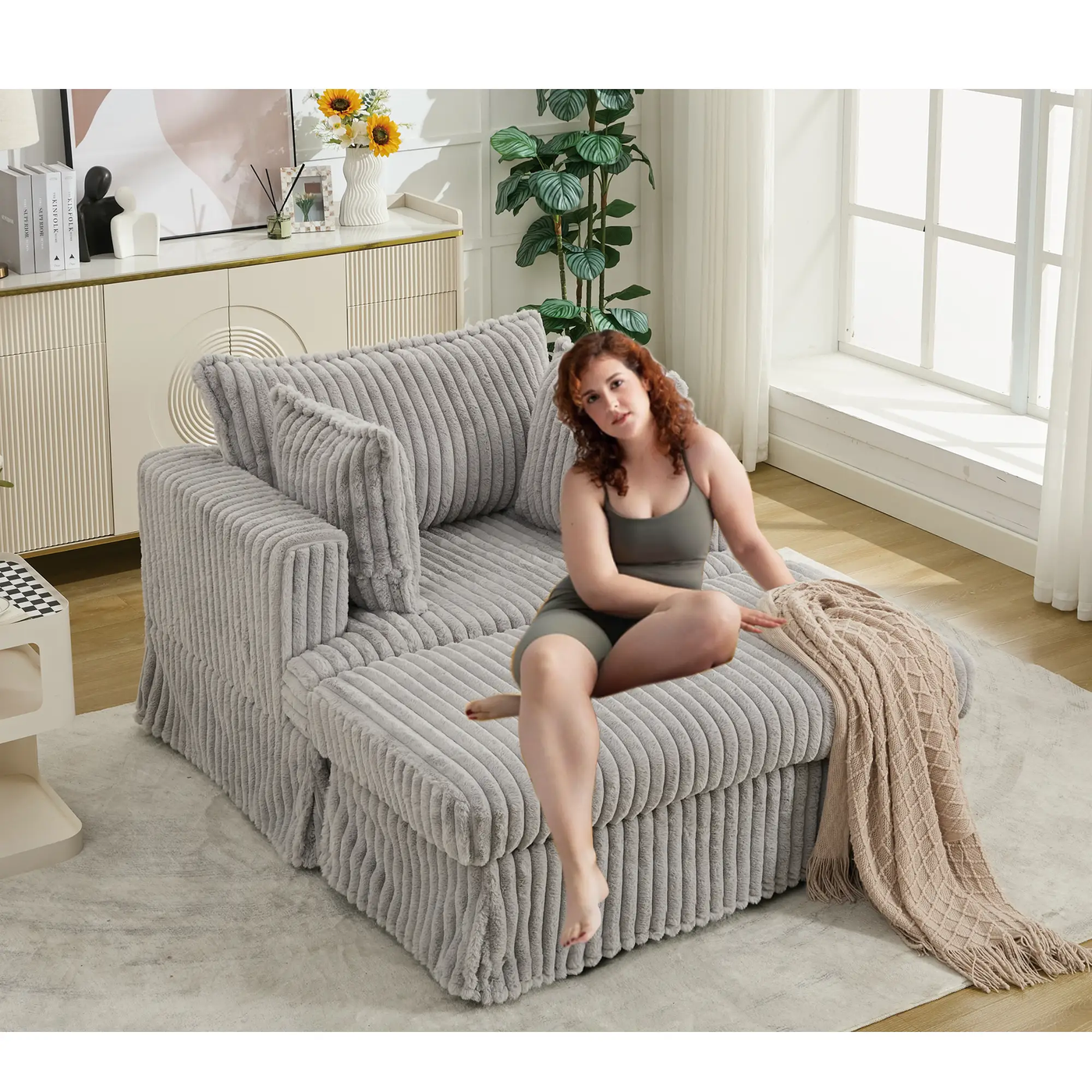 47.7'' Oversized Corduroy Chaise Longue with Ottoman by HouseOfZazla