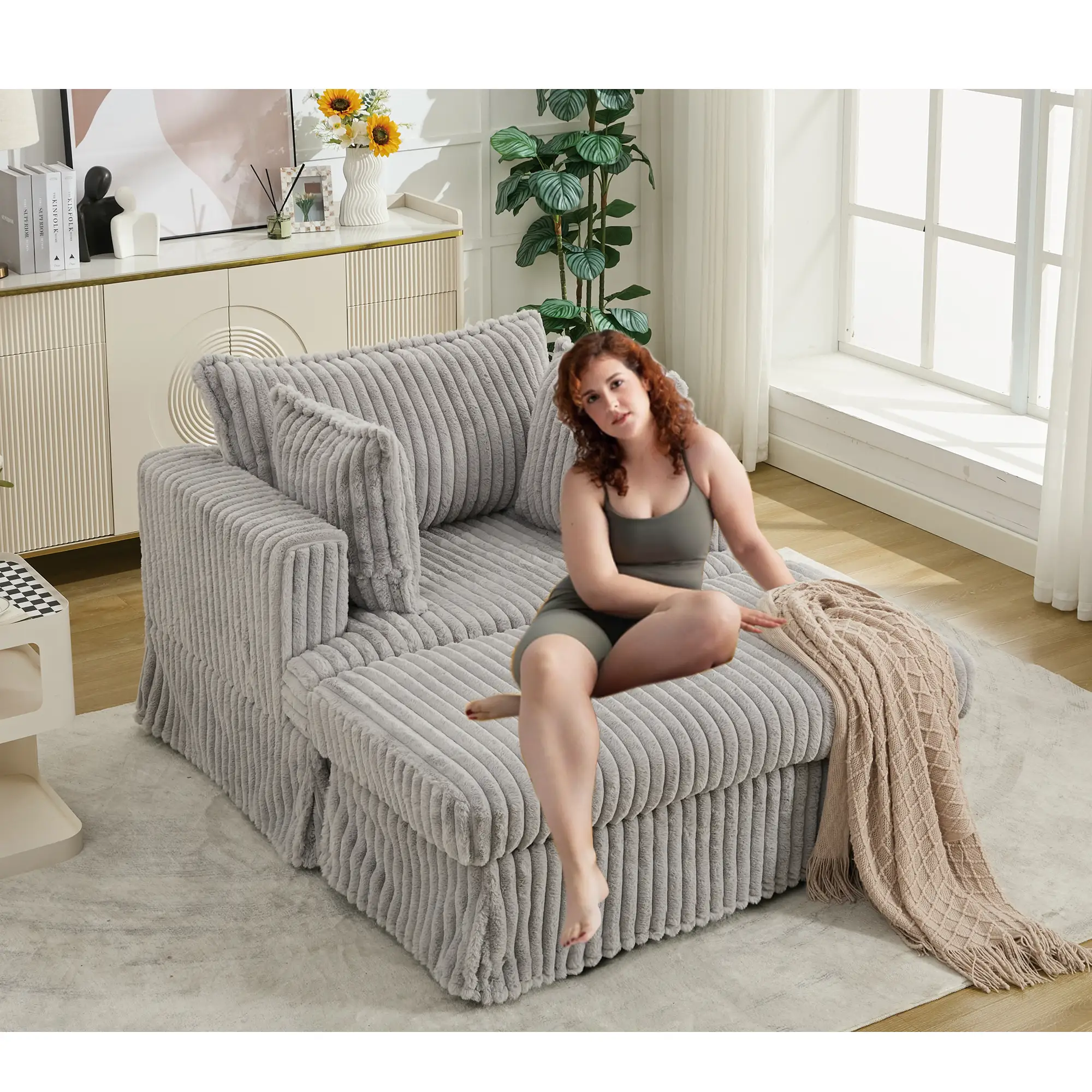 47.7'' Oversized Corduroy Chaise Longue with Ottoman by HouseOfZazla