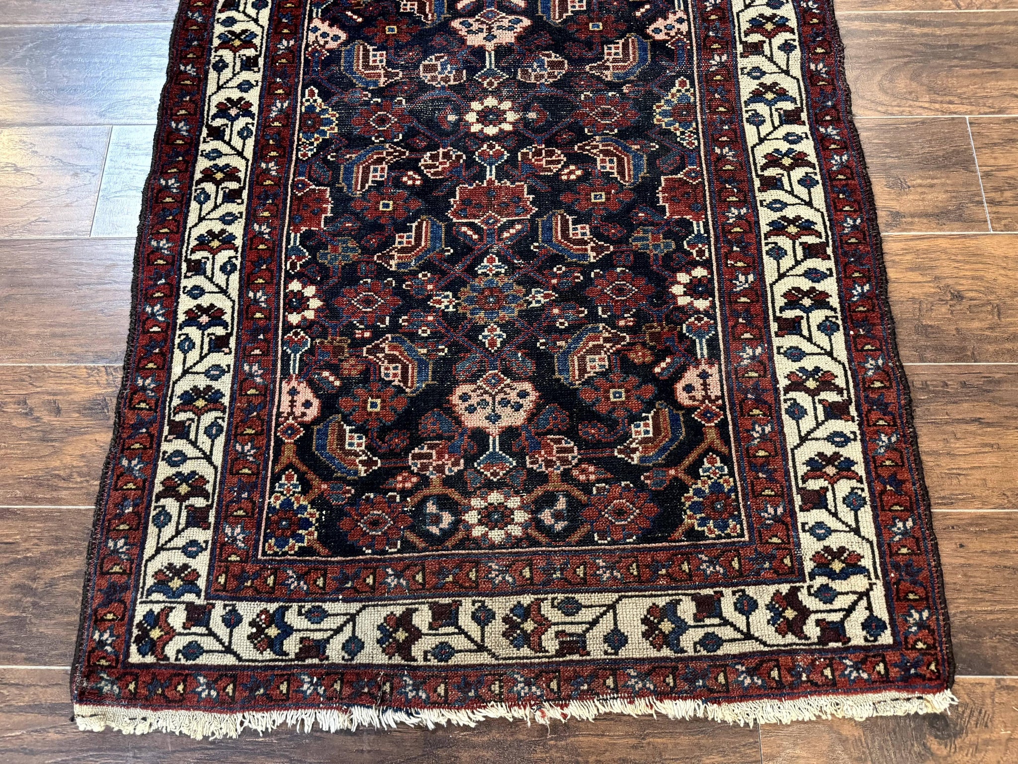 Navy Blue Antique Persian Rug 3x6, Blue and Ivory Persian Carpet, Handmade 1920s Hamadan Rug by Jewel Rugs
