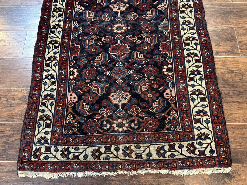 Navy Blue Antique Persian Rug 3x6, Blue and Ivory Persian Carpet, Handmade 1920s Hamadan Rug by Jewel Rugs