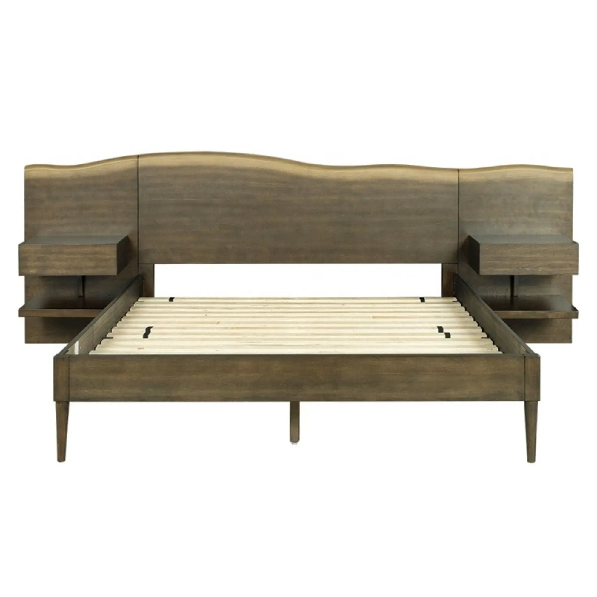 Queen Size Platform Bed Frame With Live Edge Headboard, Built In Nightstands - Dark Brown by HouseOfZazla