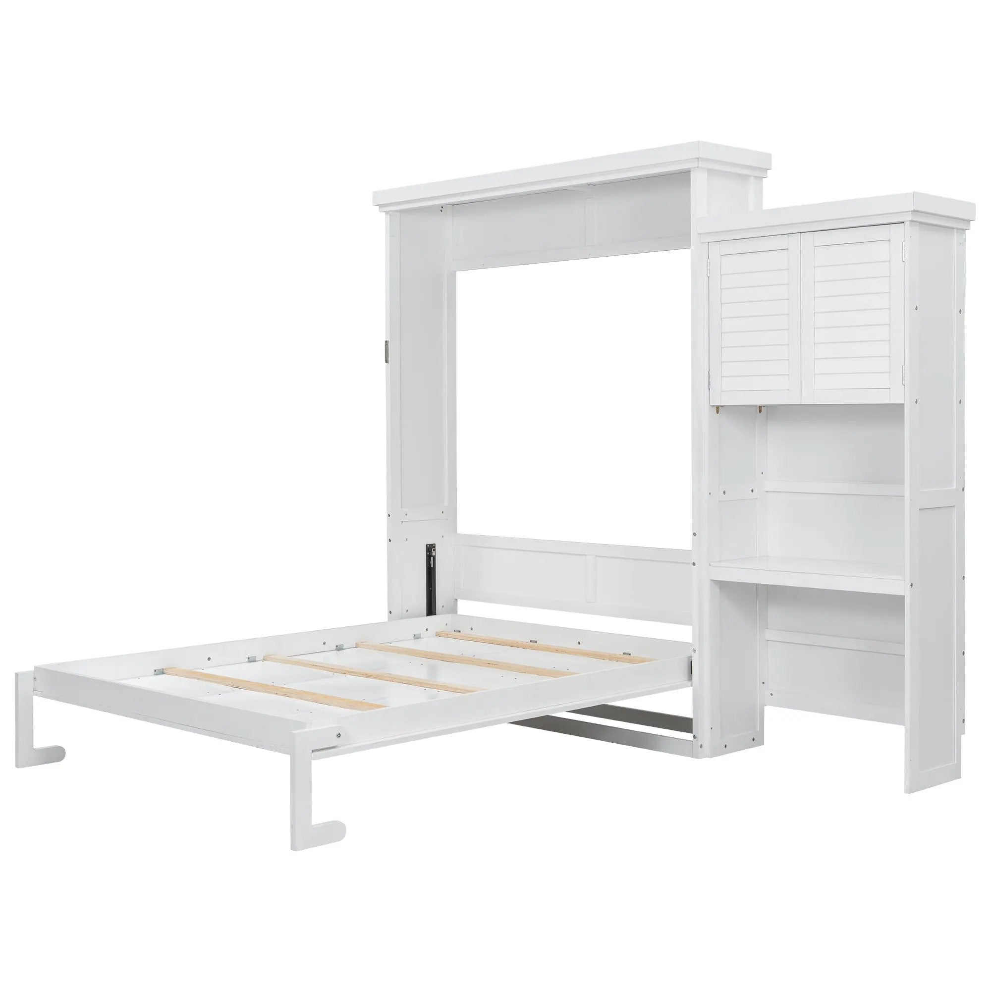 Queen Size Murphy Bed With Louvered Design And Multiple Storage Shelves - White by HouseOfZazla