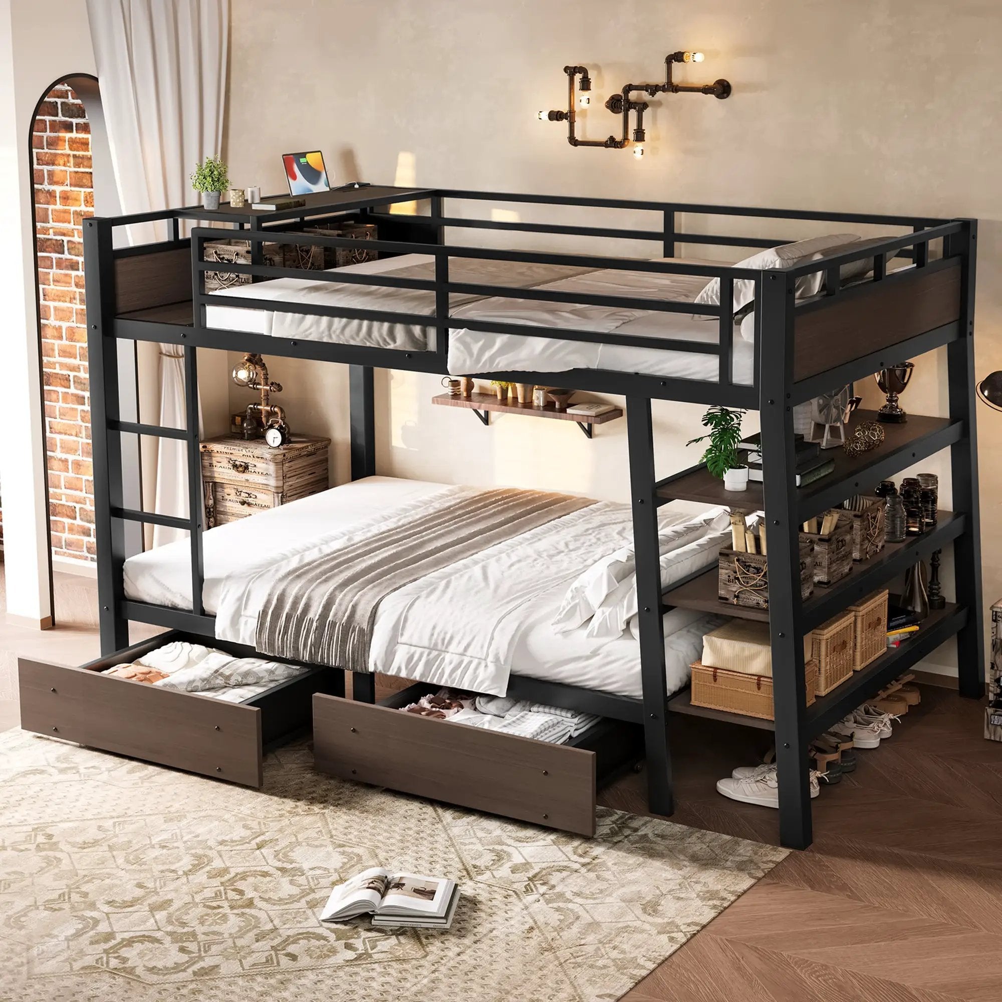 Full Size Metal Bunk Bed with Storage Shelves and USB Power Strip by HouseOfZazla