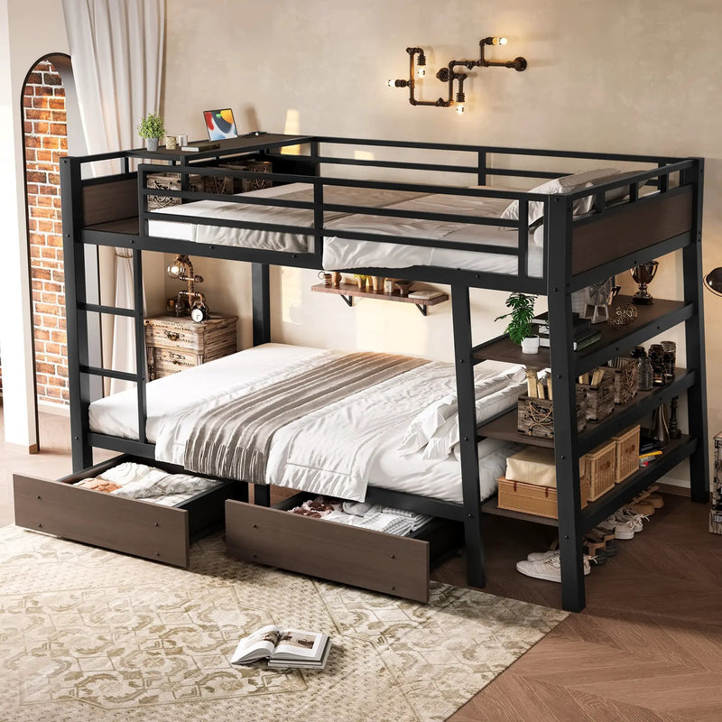 Full Size Metal Bunk Bed with Storage Shelves and USB Power Strip by HouseOfZazla