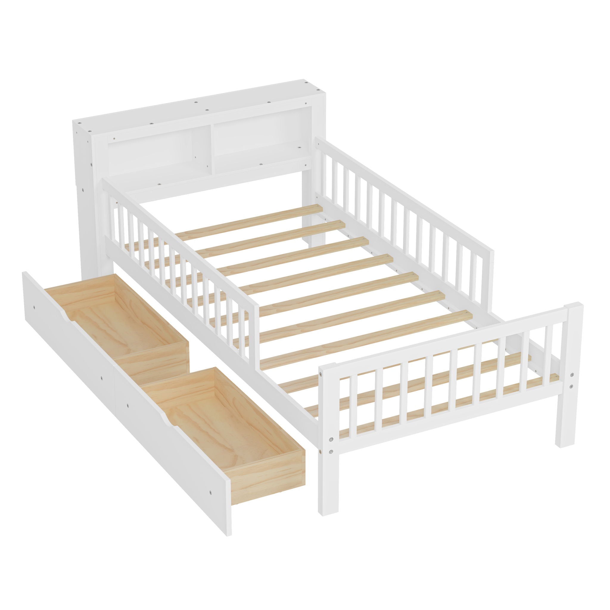 Bed With Headboard Storage Rack, 2 Under Bed Drawers, 3 Side Guardrails For Safety by HouseOfZazla