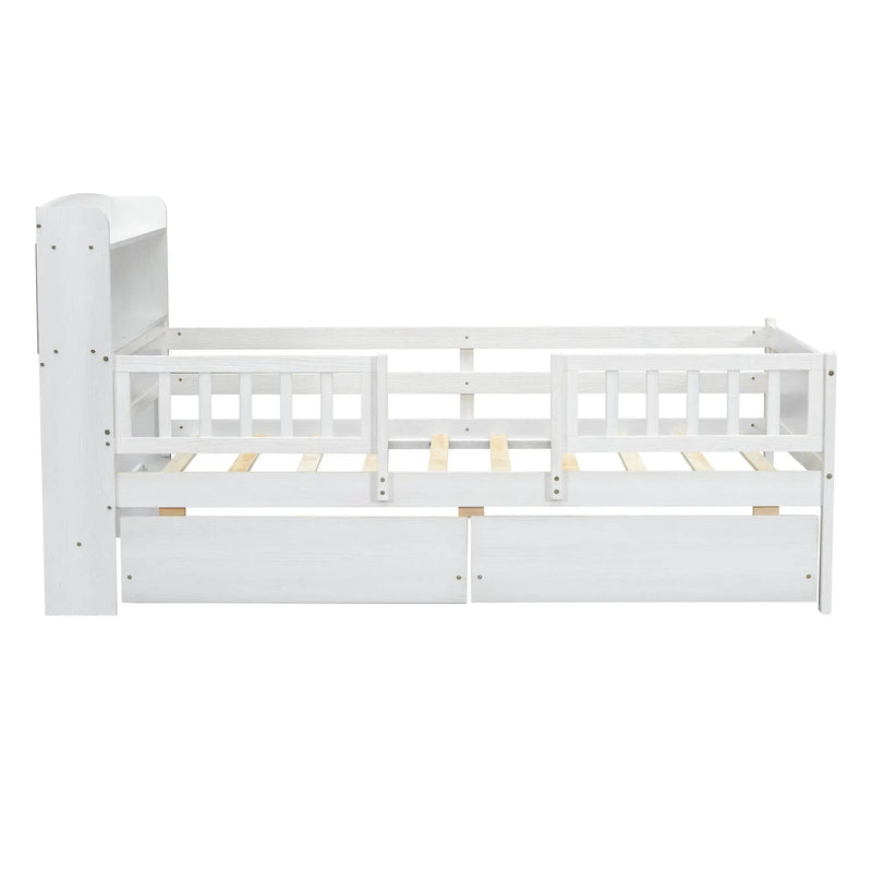 Platform Bed With LED Light, Multi Functional Headboard, Guardrail And 2 Drawers by HouseOfZazla
