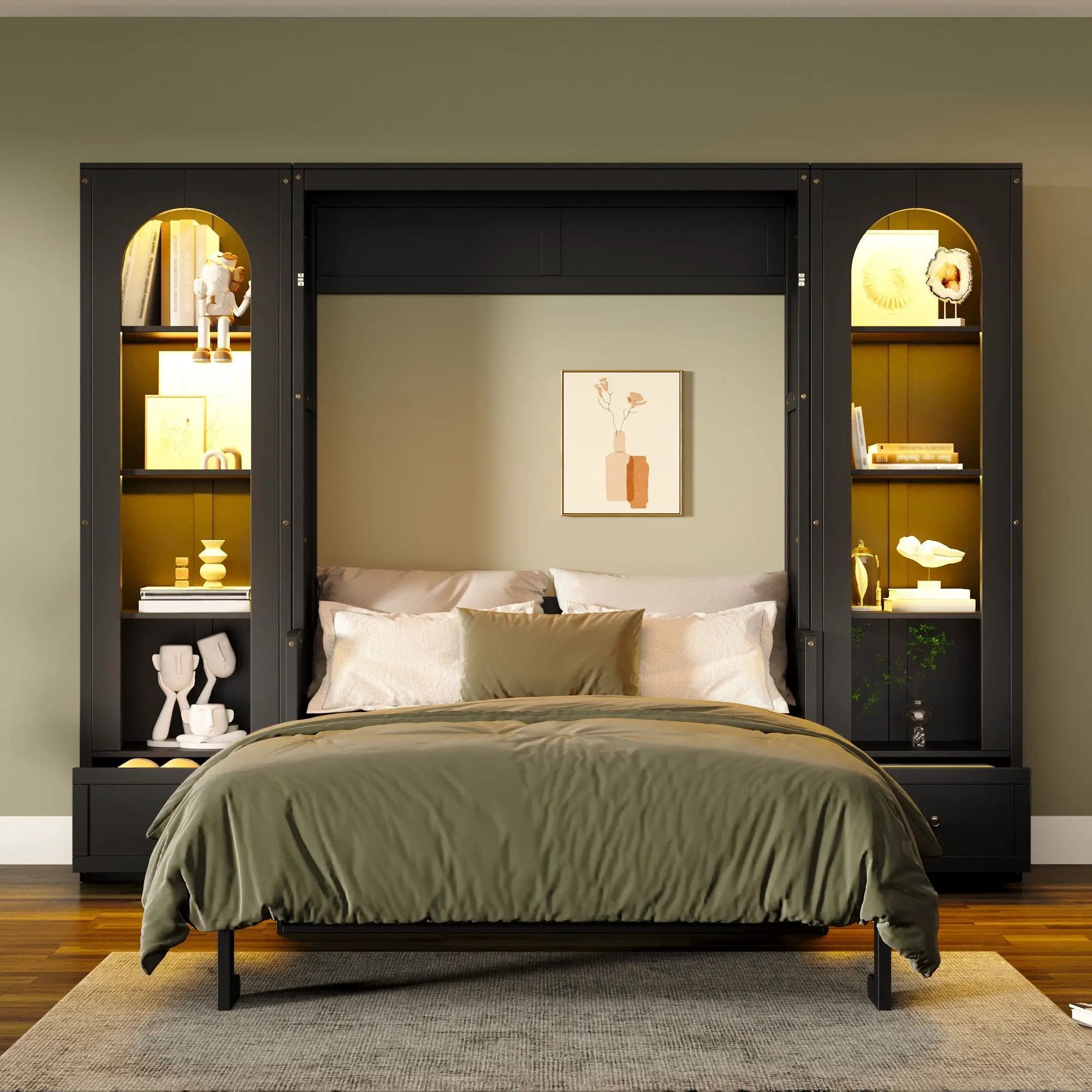 French Style Murphy Platform Bed With Shelf, Side Cabinets, Drawers And LED by Unique Piece Furniture