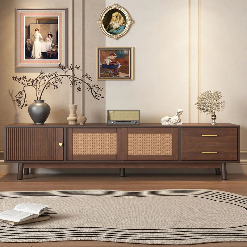 TV Stand For 80" TVs With Sliding Doors And Drawers, Accent Storage Unit - Dark Brown by Unique Piece Furniture