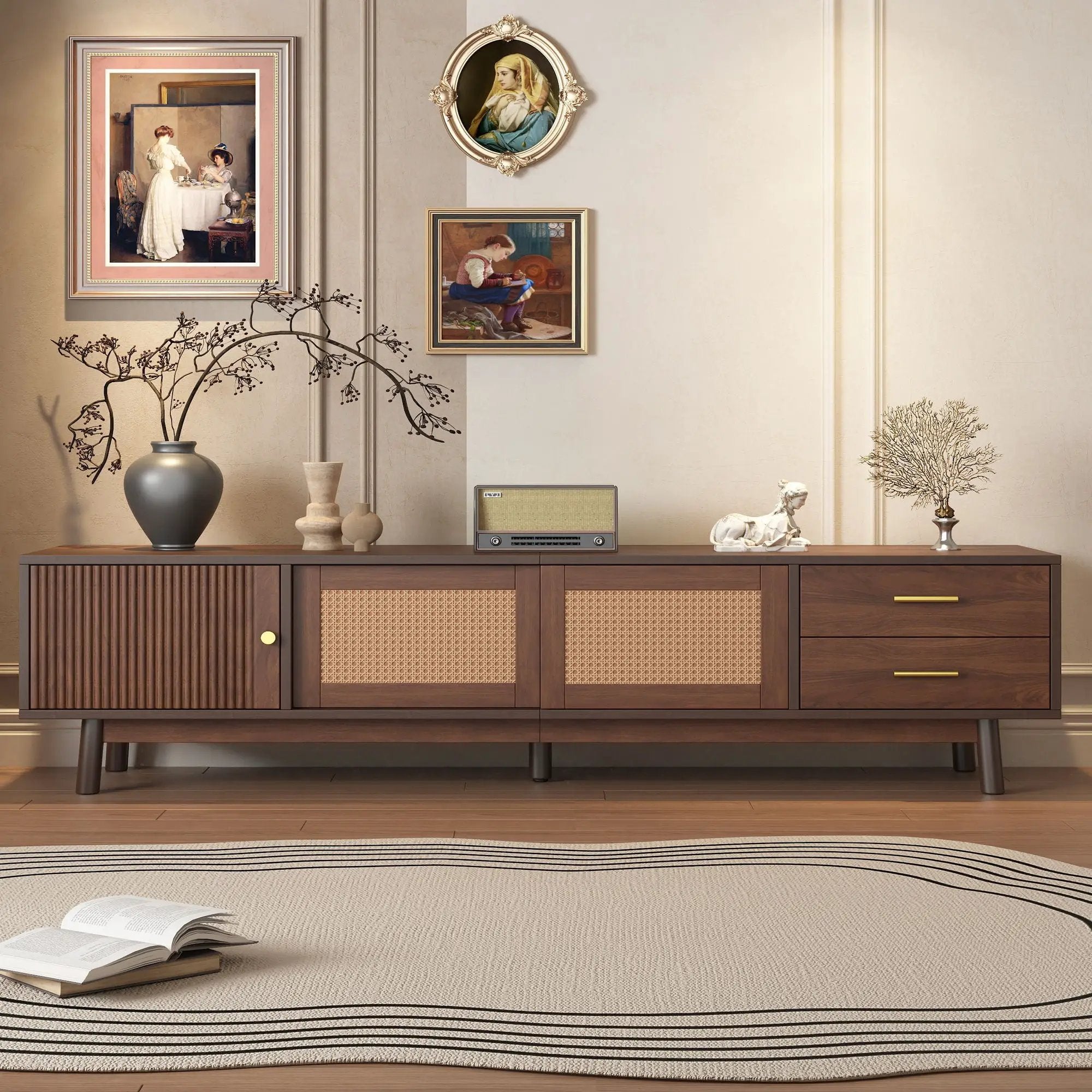 TV Stand For 80" TVs With Sliding Doors And Drawers, Accent Storage Unit - Dark Brown by HouseOfZazla