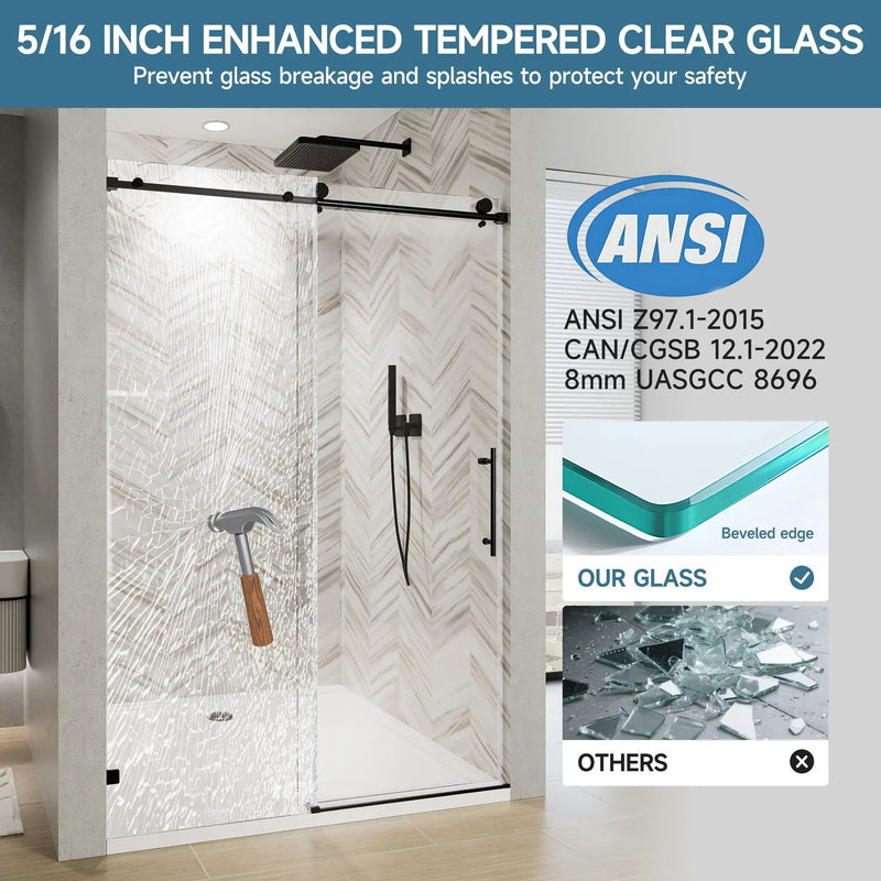 Frameless Single Sliding Soft Close Shower Door, 5 / 16" Clear Nano Coated Tempered Glass And 304 Stainless Steel Handle - Matte Black by HouseOfZazla