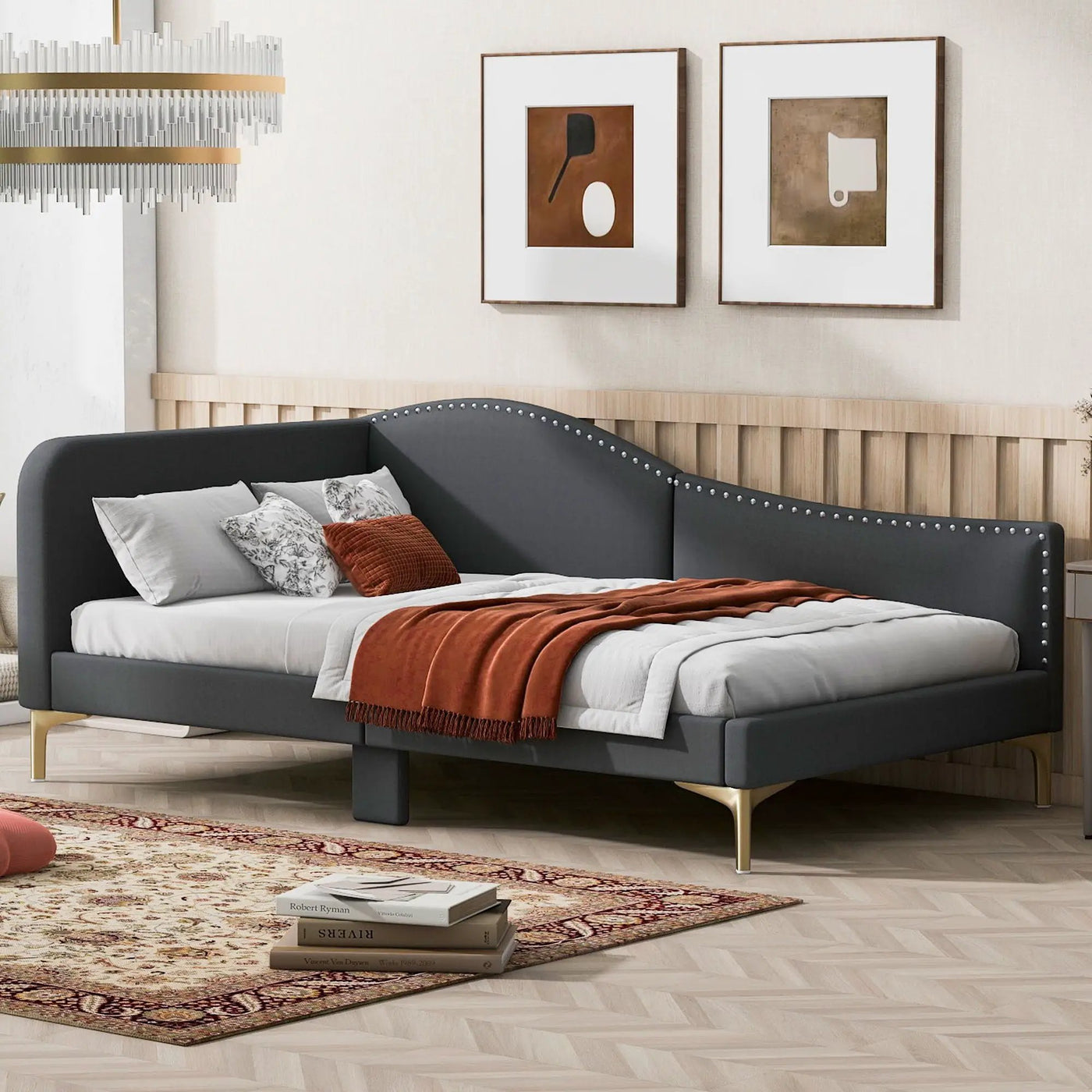 Upholstered Daybed With Headboard And Armrest, Support Legs by Unique Piece Furniture