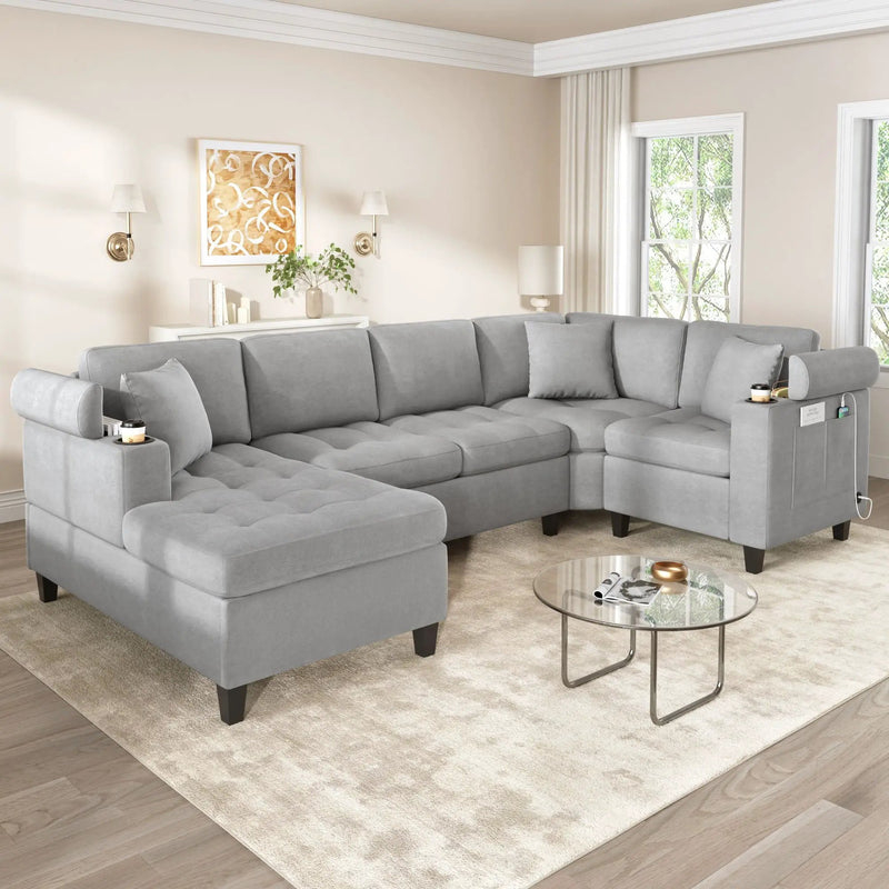 U Shaped Sectional Sofa, Corner Living Room Couch With Built In Cup Holders, Storage, USB Ports by Unique Piece Furniture