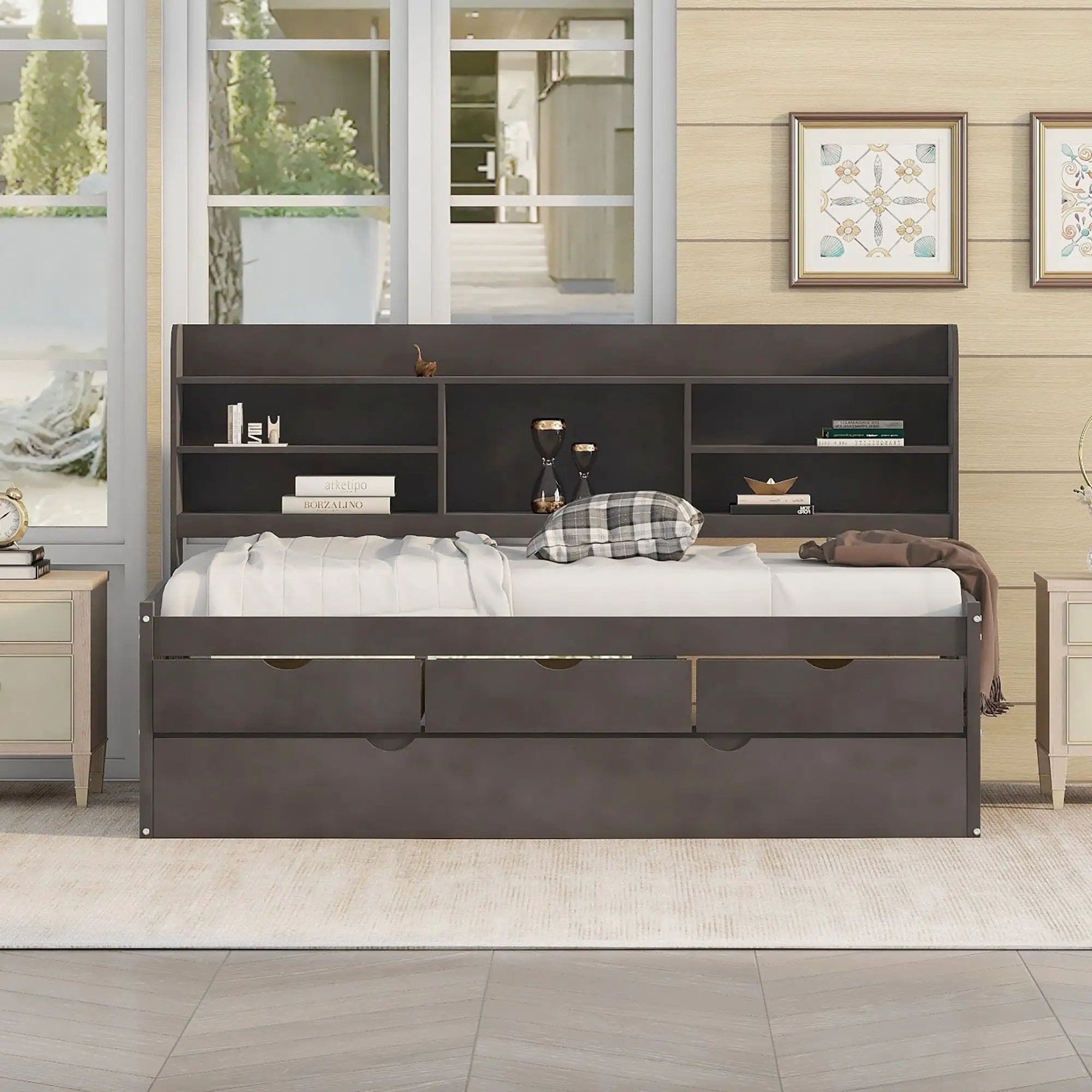 Captain Bed With Built In Bookshelves, 3 Storage Drawers, And Trundle by Unique Piece Furniture