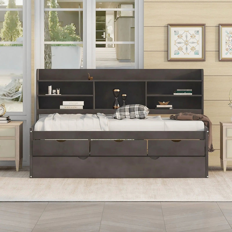 Captain Bed With Built In Bookshelves, 3 Storage Drawers, And Trundle by Unique Piece Furniture
