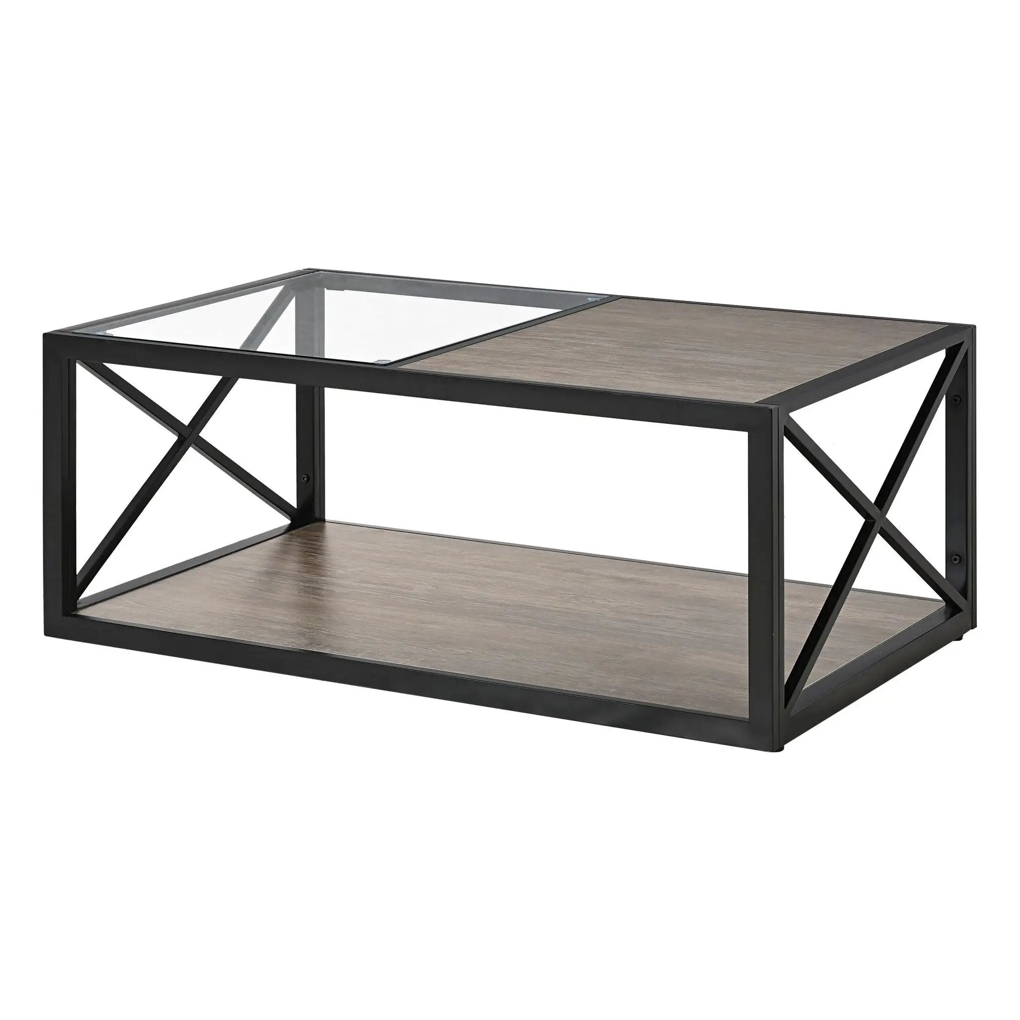 Industrial Style Coffee Table For Bedroom & Living Room With Tempered Glass & Wood Grain - Wood by Unique Piece Furniture