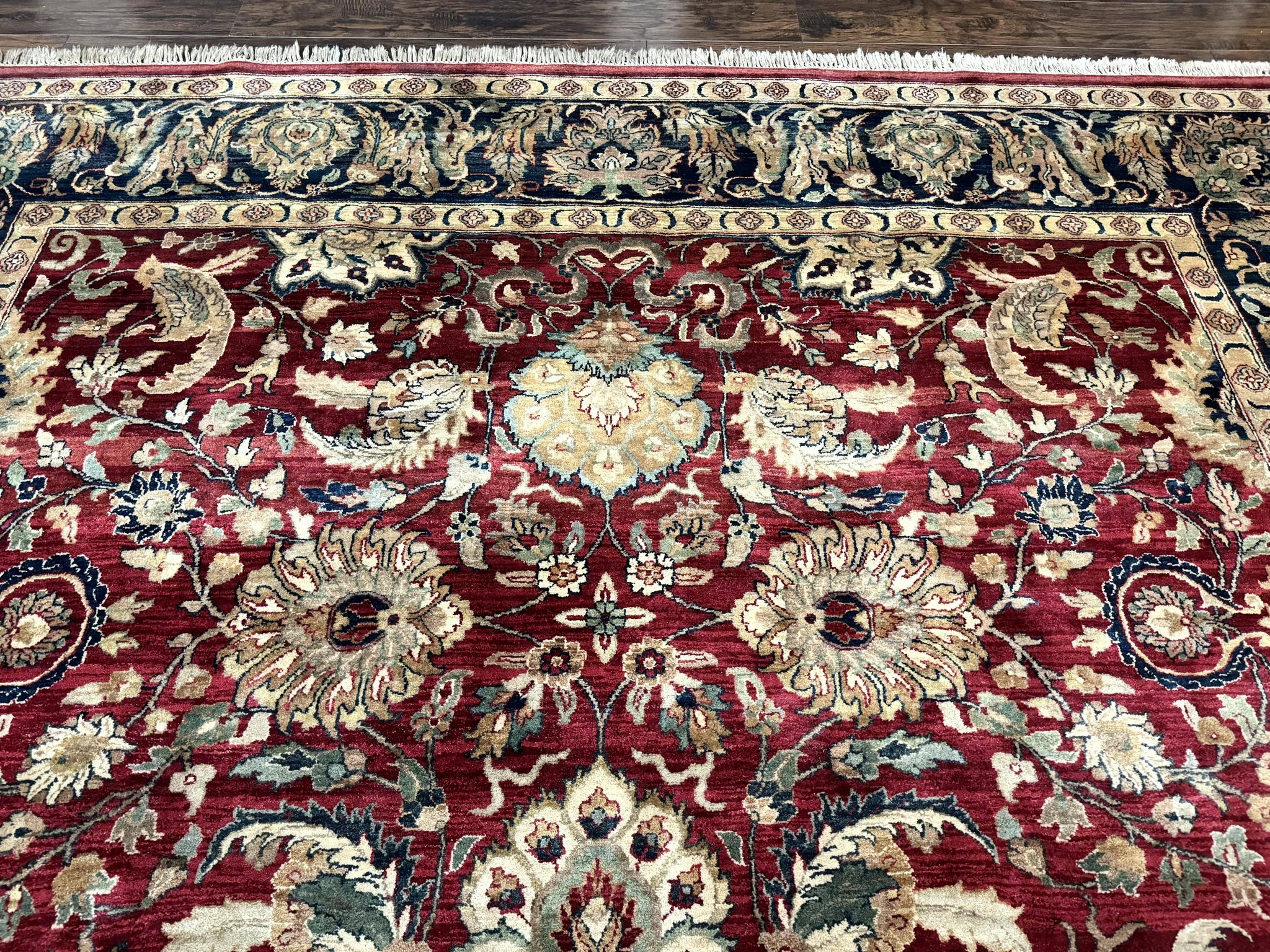 Indo Persian Rug 10x14, Indian Agra Carpet, Vintage Handmade Wool Large Traditional Rug, Dark Red Navy Blue Beige by Jewel Rugs