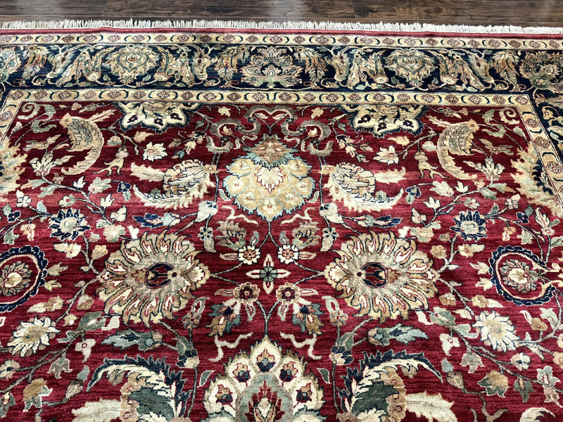 Indo Persian Rug 10x14, Indian Agra Carpet, Vintage Handmade Wool Large Traditional Rug, Dark Red Navy Blue Beige by Jewel Rugs