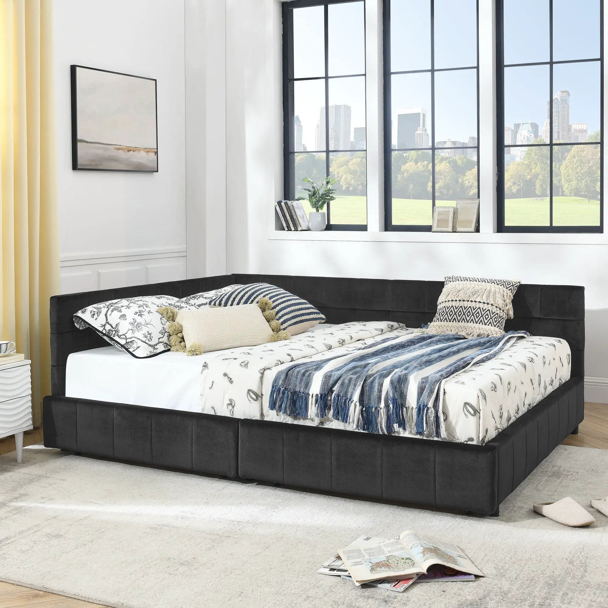 Mid-Century Storage Upholstered Tufted Bed Frame With Backrest And Armrests by Unique Piece Furniture