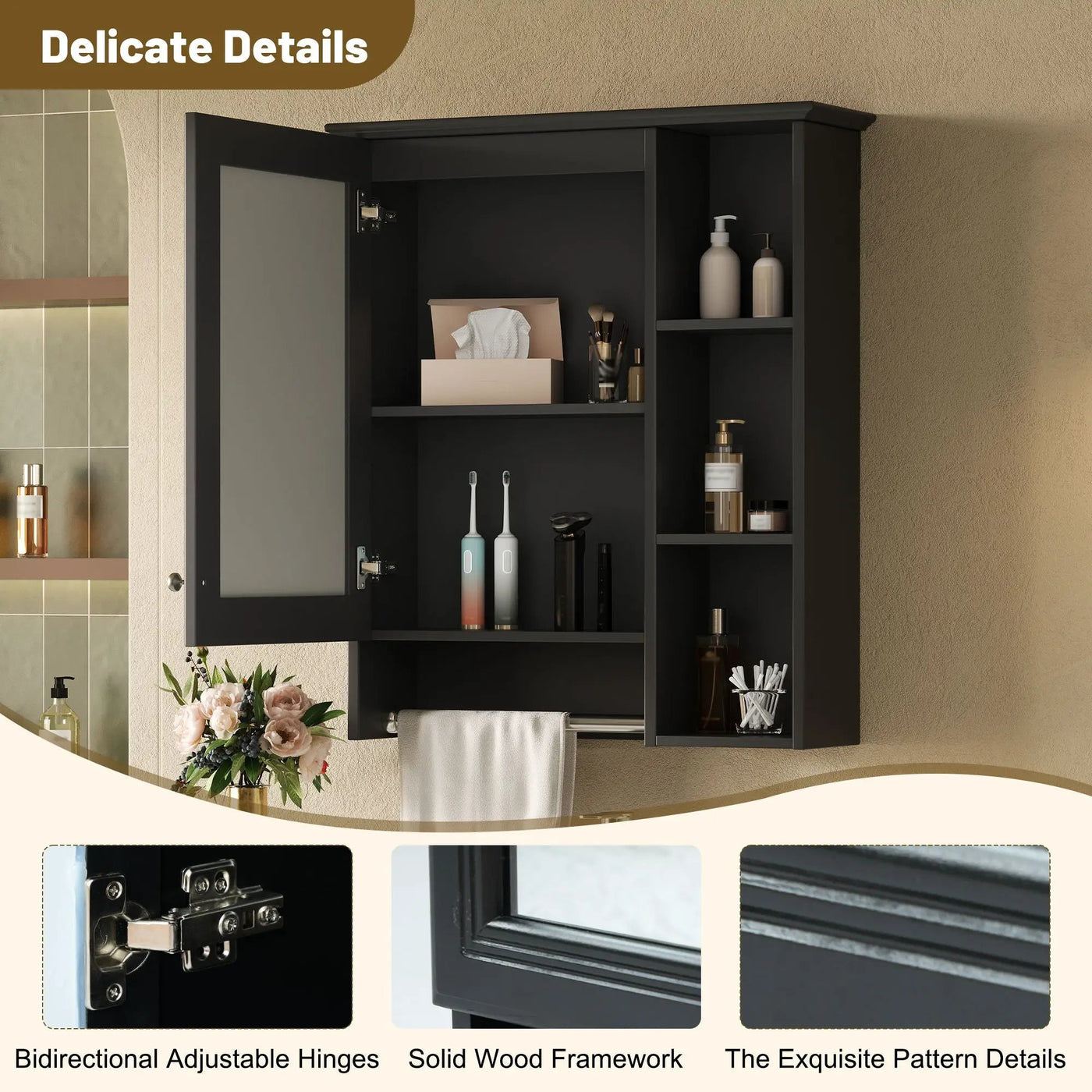 Modern 3 In 1 Bathroom Mirror Cabinet With Adjustable Shelf & Towel Bar by Unique Piece Furniture