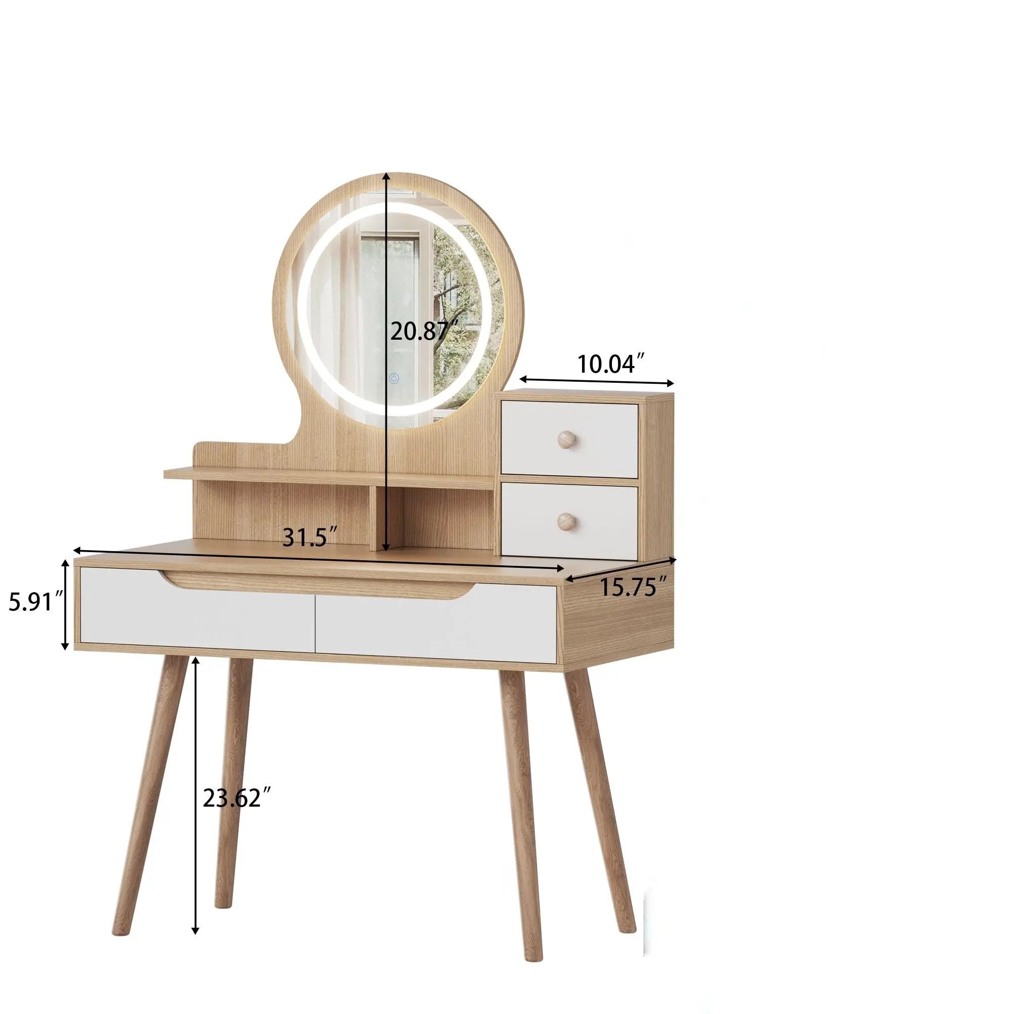 Elegant Makeup Vanity Desk With Adjustable Lighted Mirror Table Feet - American White Oak by HouseOfZazla