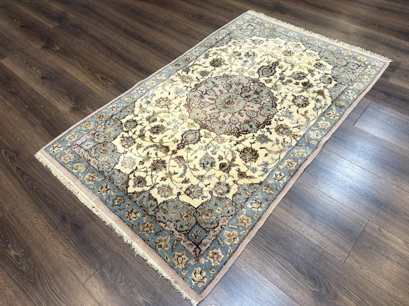 Persian Isfahan Rug 3x5, Fine 310 KPSI, Kork Wool Silk Foundation, Cream & Light Green by Jewel Rugs