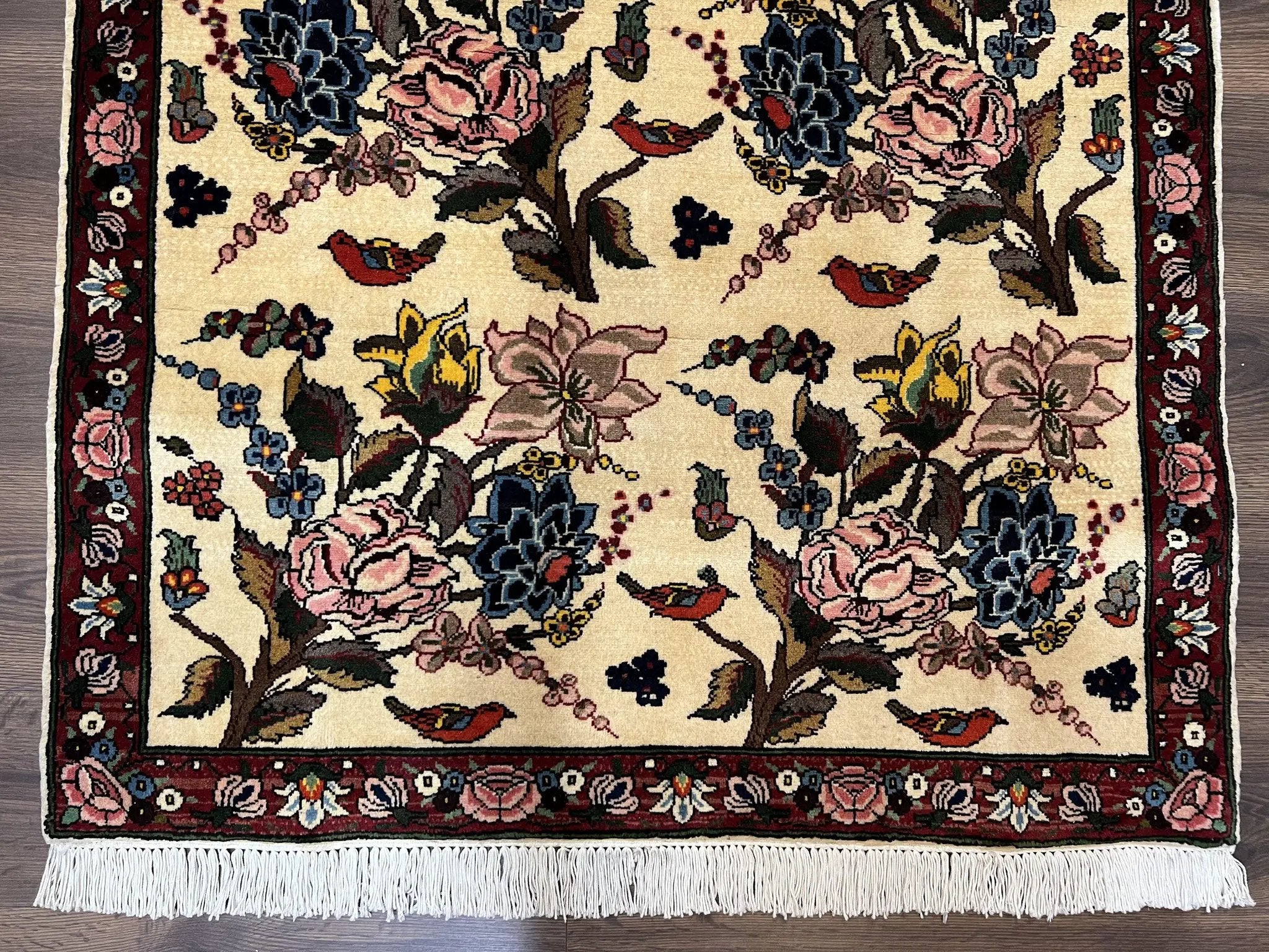 Persian Bidjar Rug 3.6 x 5 ft, Repeated Floral Motifs, Roses and Birds, Cream Burgundy, Fine Wool Oriental Bijar Carpet, Vintage Traditional Area Rug by Jewel Rugs