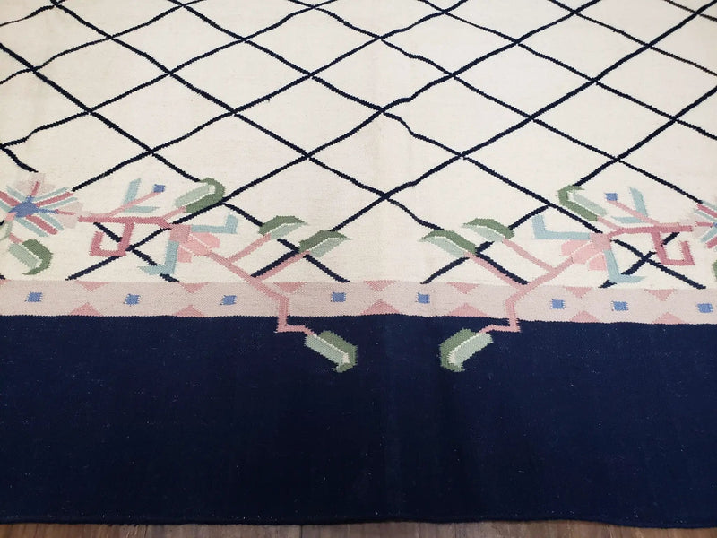 Vintage Dhurrie Rug, Indian Dhurrie 8x11 - 9x11, Wool Hand-Woven Ivory & Black Indo Carpet, Large Flat Weave Rug Living Room Rug Black White by Jewel Rugs