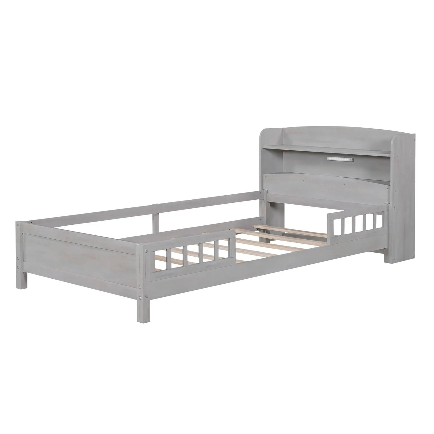 Wood Platform Bed With Built In LED Light, Storage Headboard And Guardrail by HouseOfZazla