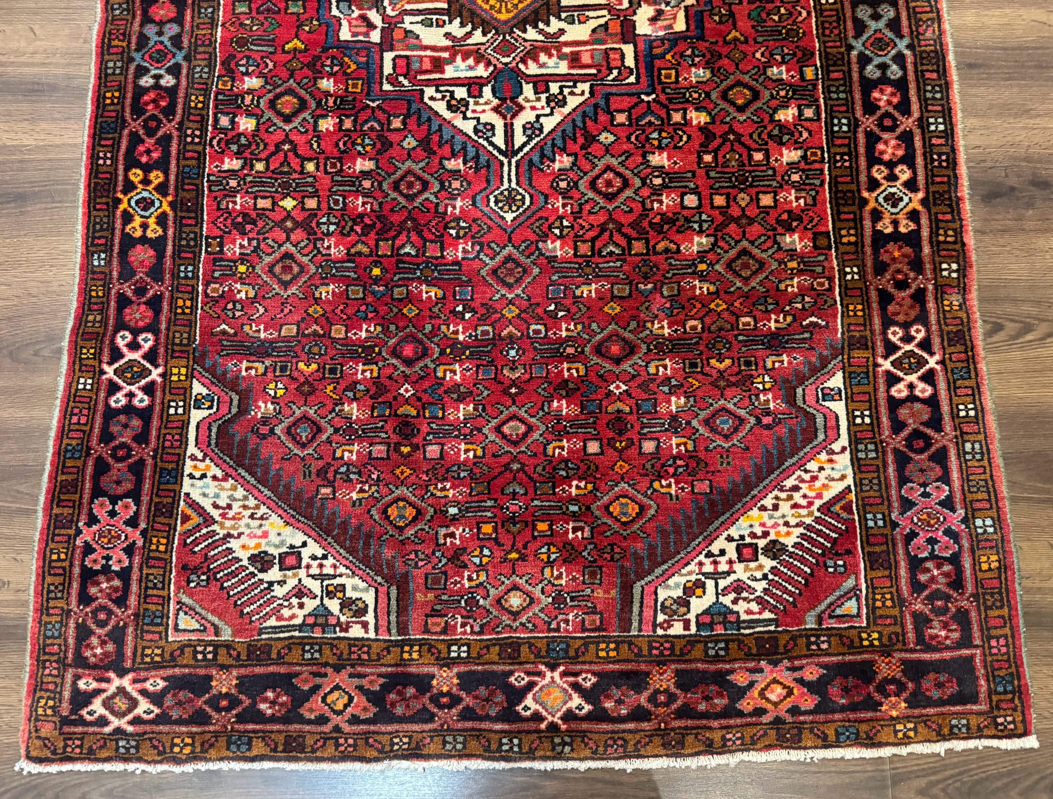 Persian Hamadan Rug 4x7, Tribal Village Malayer Carpet, Red and Ivory, Bohemian Antique by Jewel Rugs